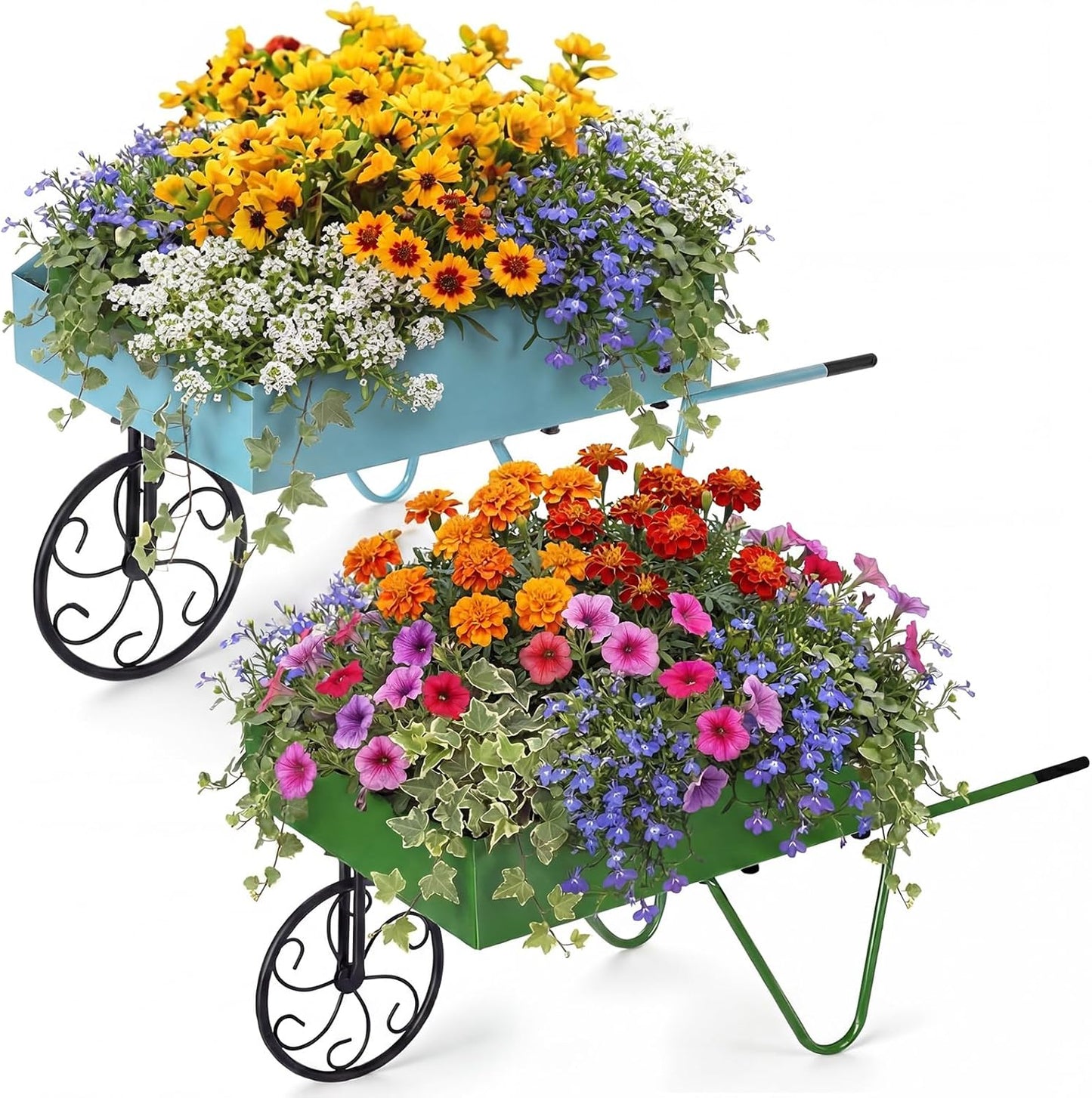 BBTO 2 Pcs Metal Wagon Planter Flower Cart Wheelbarrow Flower Pot Stand with Wheels, Handle - Vintage Garden Wagon for Vegetables Herbs, Indoor Outdoor Decorative Cart for Home Balcony Patio Backyard