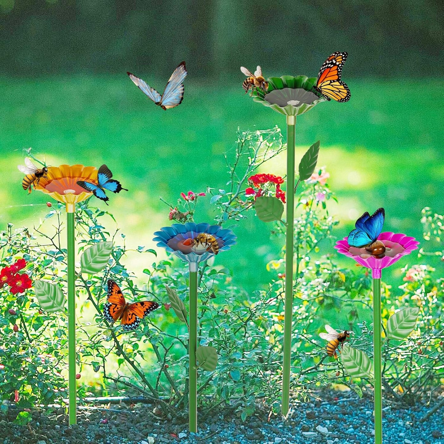 2 Pack Bee Watering Station,Bee Bath for Garden Metal Bee Water Feeder with Flower Design, Colorful Butterfly Bee Bath Bowl for Outdoor Garden Yard Decor (Blue,Yellow)