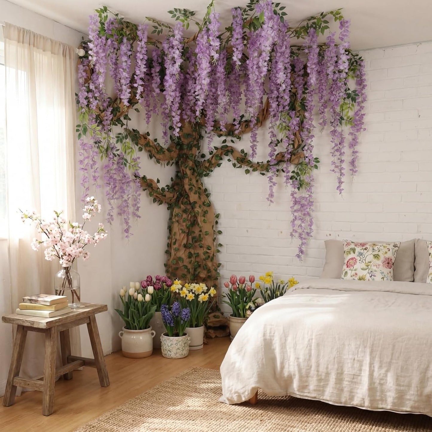 XunYee 40 Pcs 3D Wisteria Tree Wall Decor for Room Classroom Ceiling Artificial Wisteria Hanging Flower DIY Cardboard Paper Tree with Vine Kraft Paper Fairy Bulletin Board Decoration(Purple)