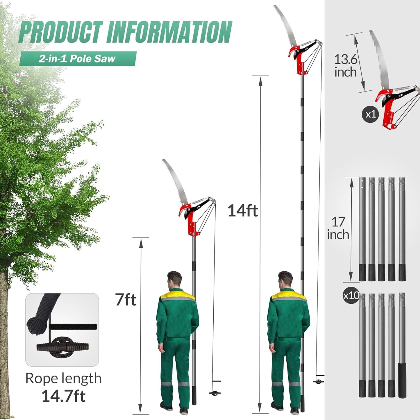 Suchtale 14ft Pole Saw, Manual Tree Pruner with Sharp Steel Blade, Trimmer with Scissors and High Strength Lightweight Handles for Pruning High Branches, Shrubs and Twigs at Forest Yard Garden Patios
