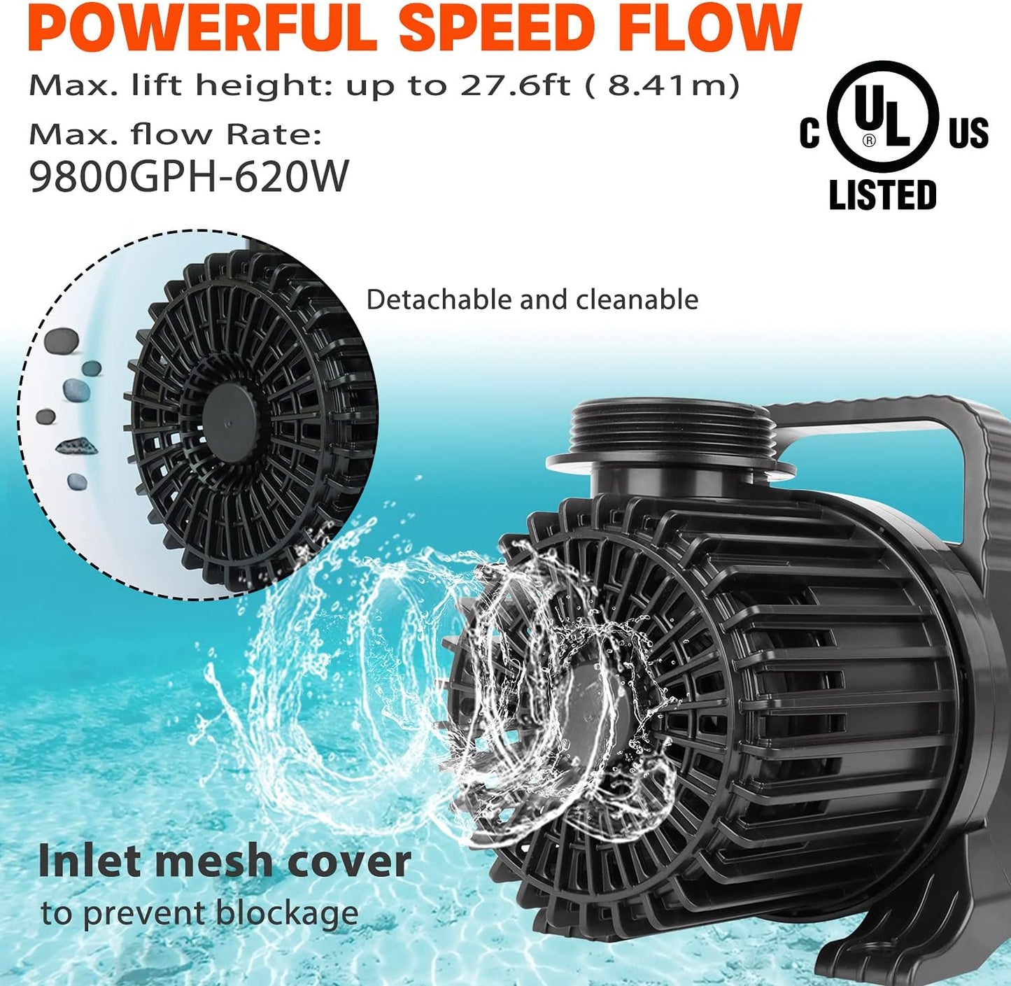 WaterRebirth (9800GPH-620W,UL listed) High Flow Submersible Pond Water Aquarium Pump Multi Scenario Application