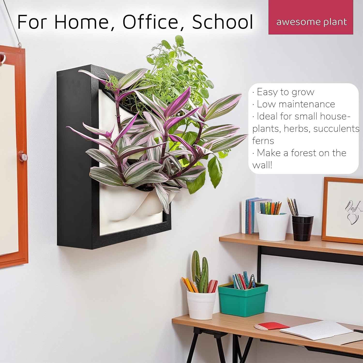 Wall Garden 4 Vertical Wall Planter, 4 Pots Wood Frame Self Watering Living Planter for Home Office Decor, Wall-Mounted Planter for Indoor Houseplants (Black)