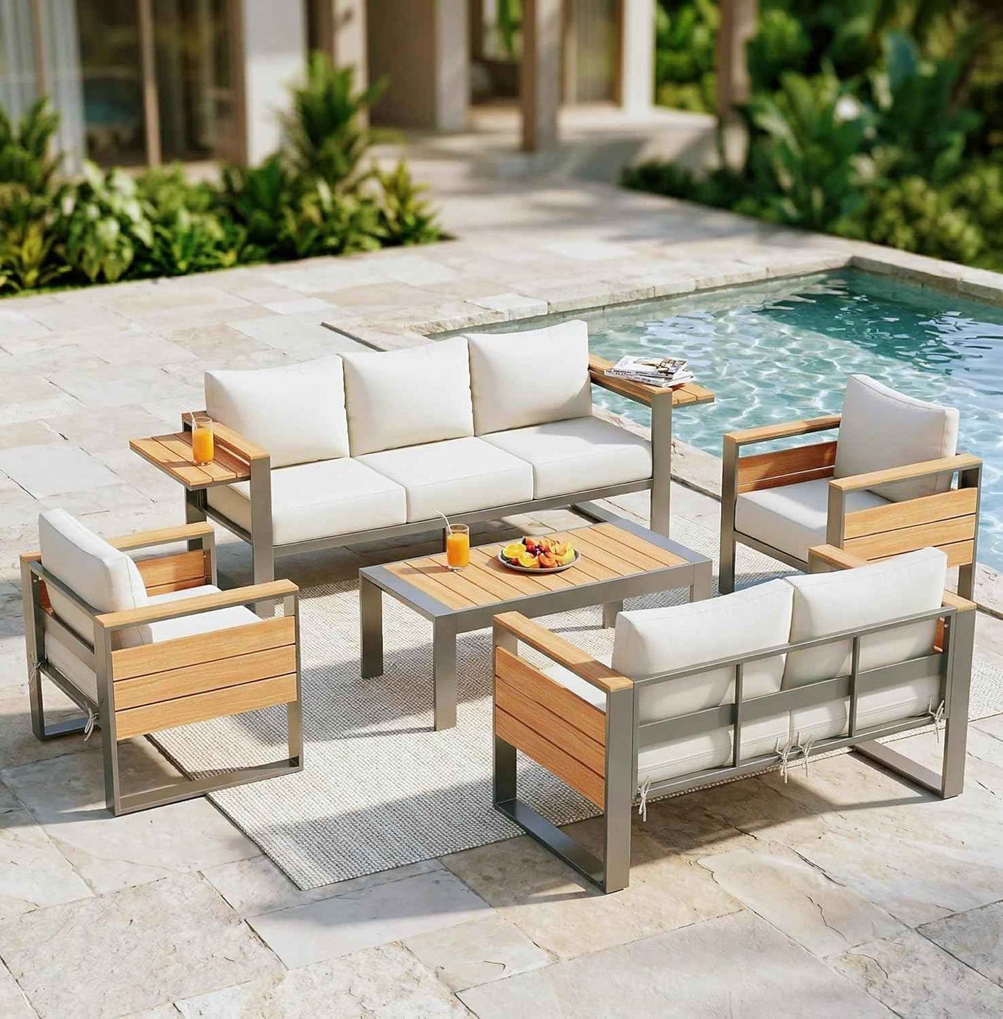 Sundale Outdoor Aluminum Patio Furniture Set, 5 Piece Metal Patio Conversation Sets with 5" Thick Cushions, Shimmer Coated Outdoor Couch with 2 Extendable Side Tables for Yard, Deck (Beige)