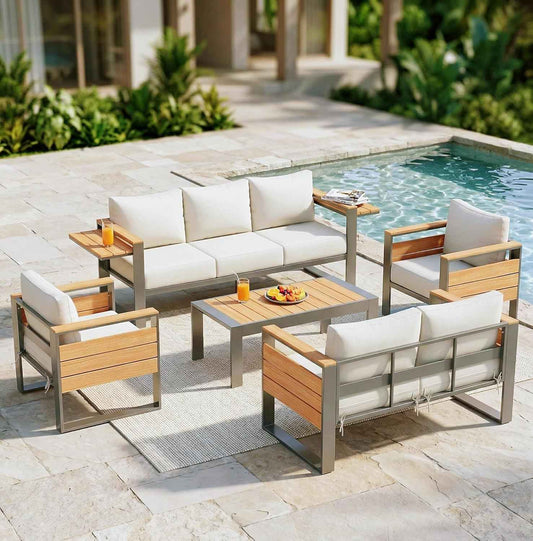 Sundale Outdoor Aluminum Patio Furniture Set, 5 Piece Metal Patio Conversation Sets with 5" Thick Cushions, Shimmer Coated Outdoor Couch with 2 Extendable Side Tables for Yard, Deck (Beige)