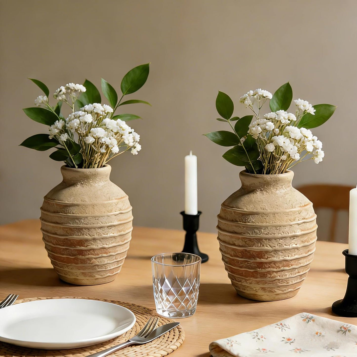 Ceramic Flower Vase 6.7" Farmhouse Table Vases Rustic Vintage Vase Decorative for Flowers & Plant Pottery Terracotta Vases for Home Decor Living Room Bedroom Bathroom Table Centerpiece (Terracotta)