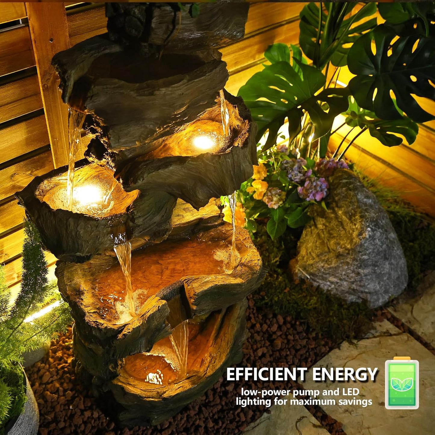 40.5" H Outdoor Garden Water Fountain 5 Tiers Large Cascading Rock Natural Waterfall Outdoor Fountain Resin Imitation Wood with LED Lights for Garden, Patio, Porch