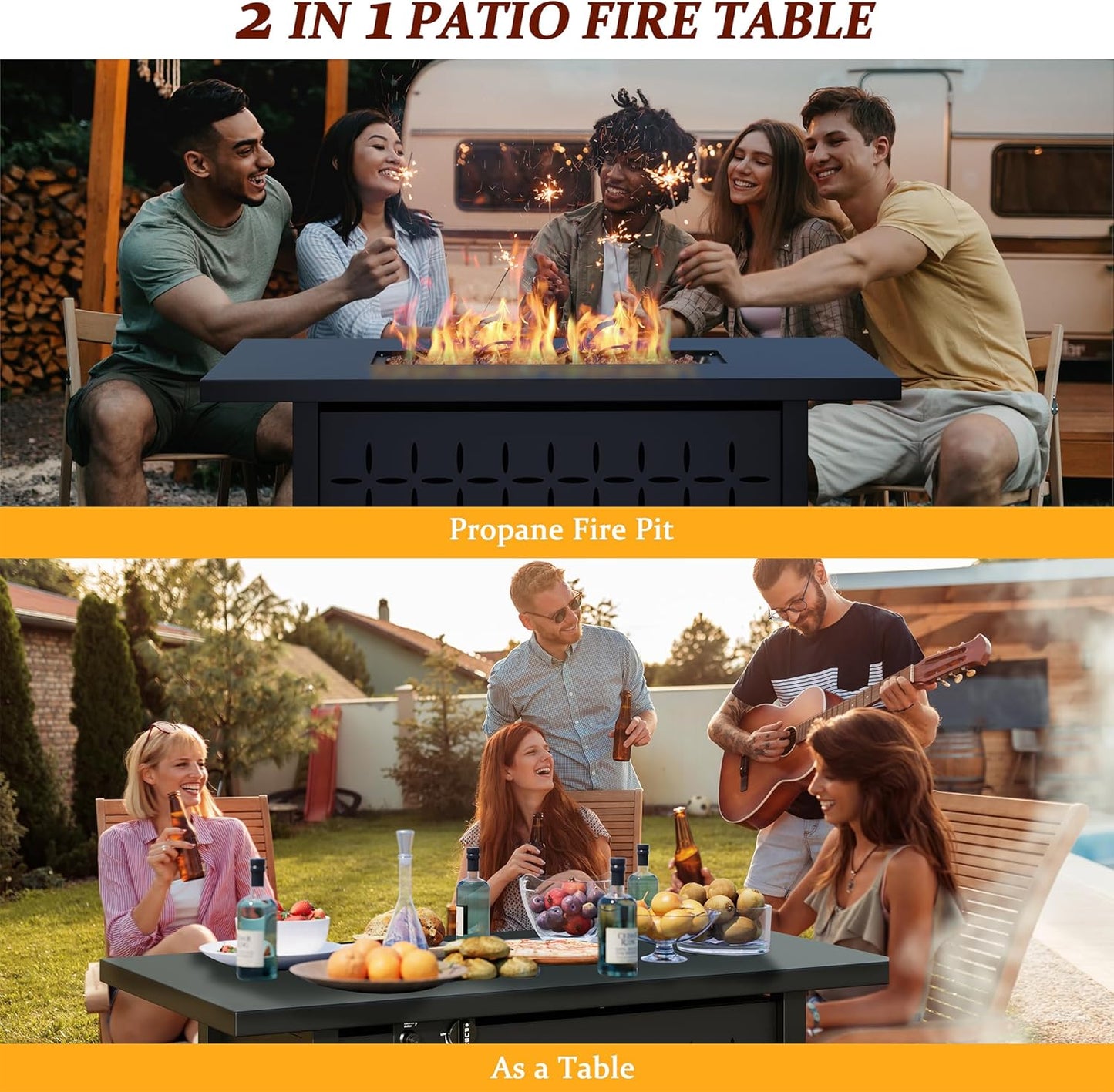 Vongrasig 43" Gas Fire Pit for Outside, 50,000 BTU Outdoor Propane Fire Pit Table with Lid & Lava Rock, Steel Rectangular Fire Table for Patio, Backyard, Deck, Garden, Black