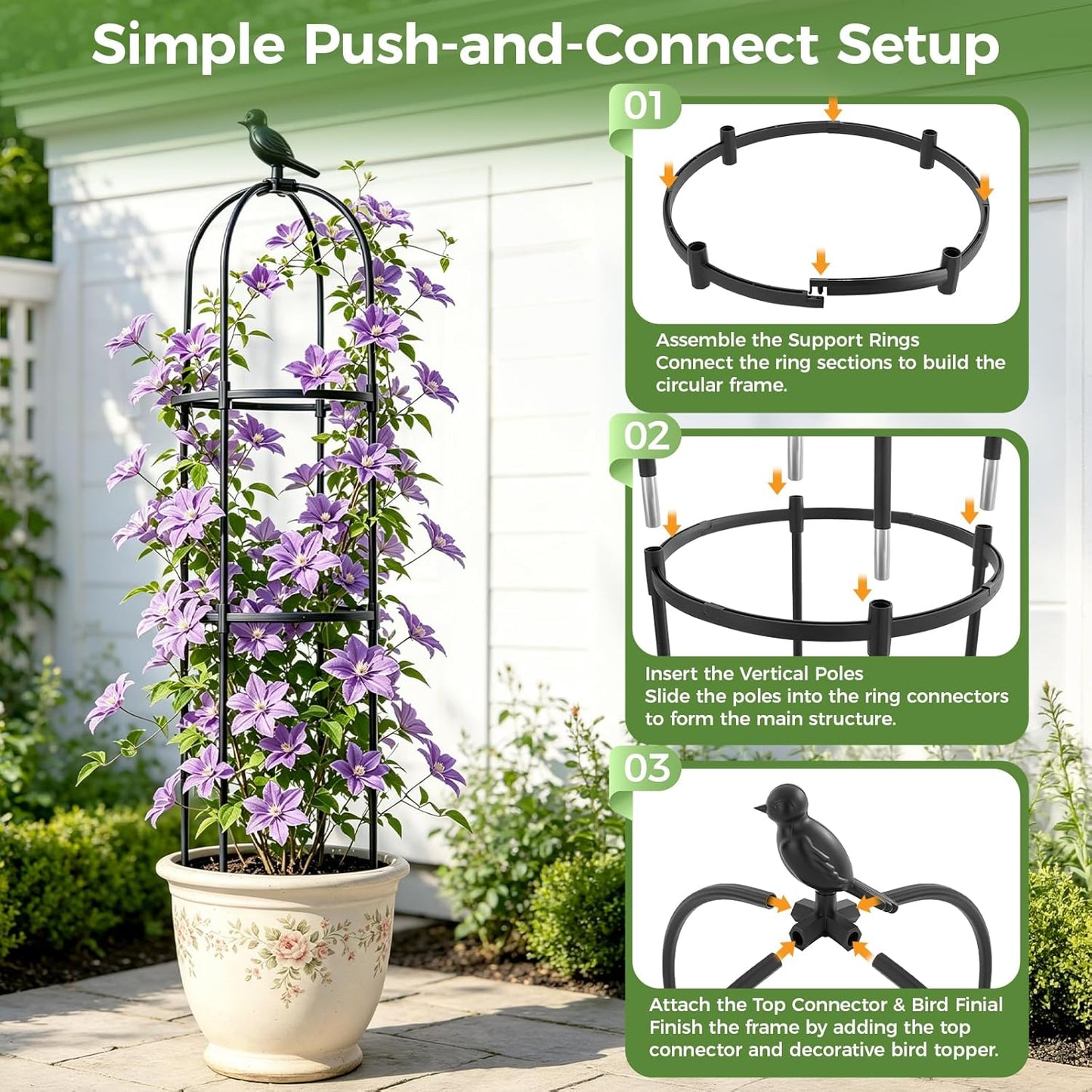 1pcs Garden Obelisk Trellis for Climbing Plants Outdoor, Tomato Cages for Garden, Metal Rustproof Plant Support Trellis for Potted Plants, Rose, Vine, Vegetable for Outdoor & Indoor Use (Black)