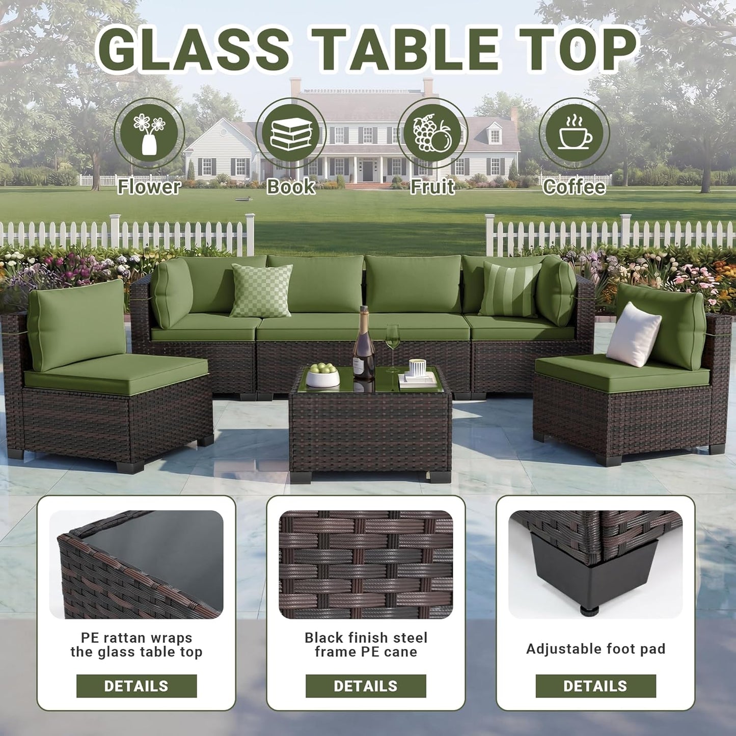 LEVELEVE 7-Piece Outdoor Patio Furniture Sets, Manual Weaving Rattan Conversation Sectional Sofa with Tempered Glass Coffee Table, All-Weather PE Wicker & Thick Cushions for Garden, Backyard, Porch