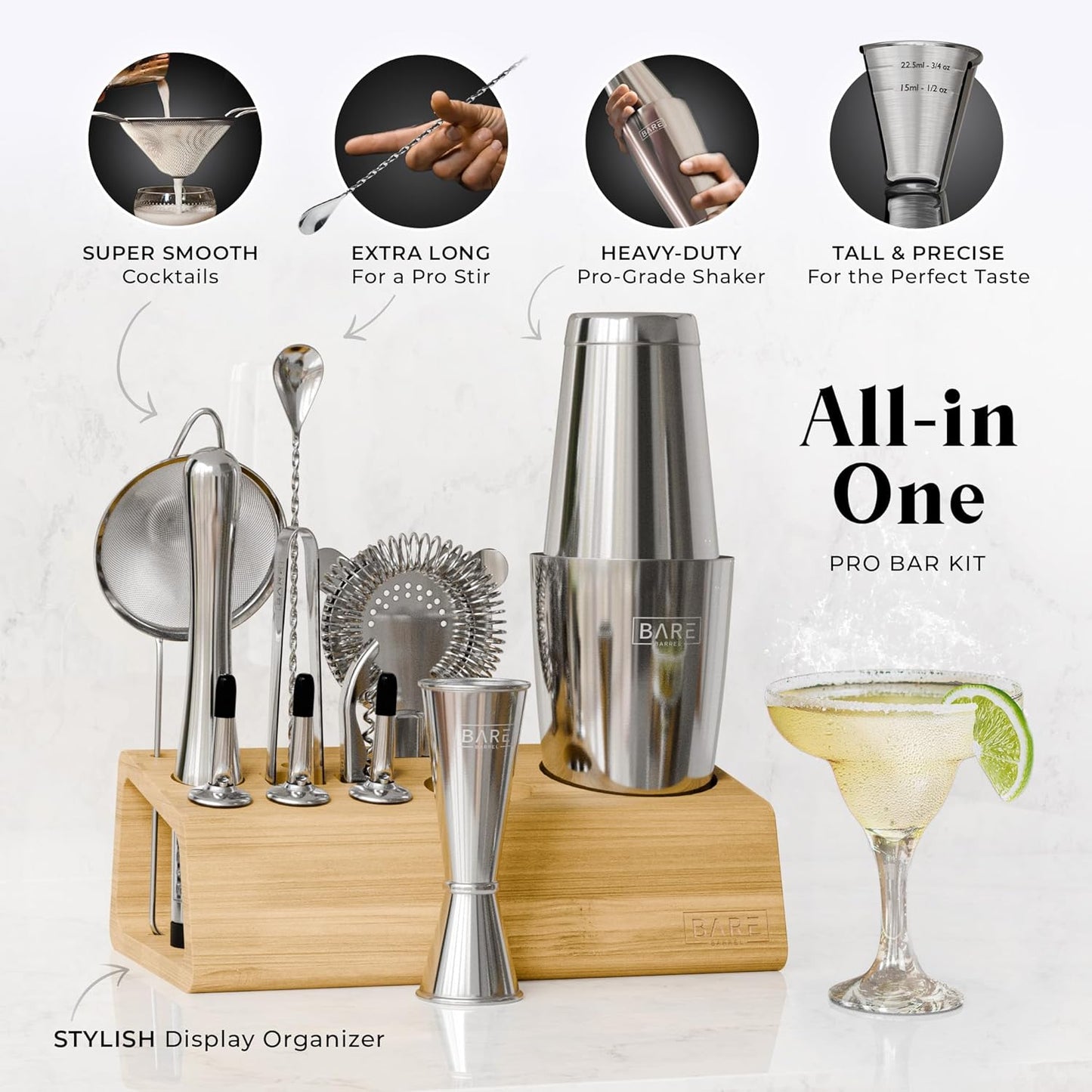 BARE BARREL® Mixology Bartender Kit Bar Set | 14-Piece Cocktail Shaker Set | Martini Barware Mixing Tools for Home Bartending | Incl. 35 Recipe Cards | Gift Set (28oz Boston Shaker, Silver/Natural)