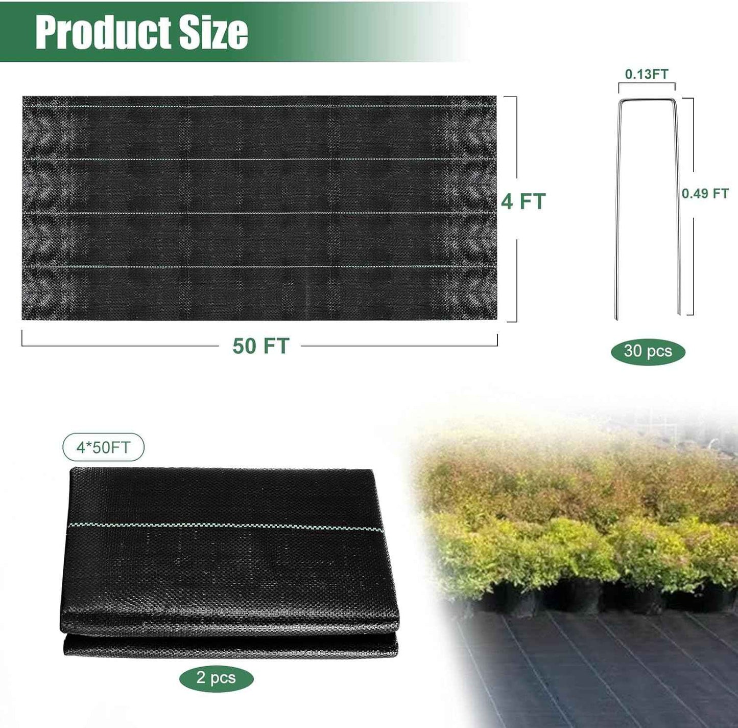4 x 100FT Garden Weed Barrier Landscape Fabric Heavy Duty Weed Fabric Barrier Premium Garden Ground Cover Weed Control Mat with 30 U-Shaped Securing Pegs for Garden Farming Ground (4 x 50FT 2 Pack)