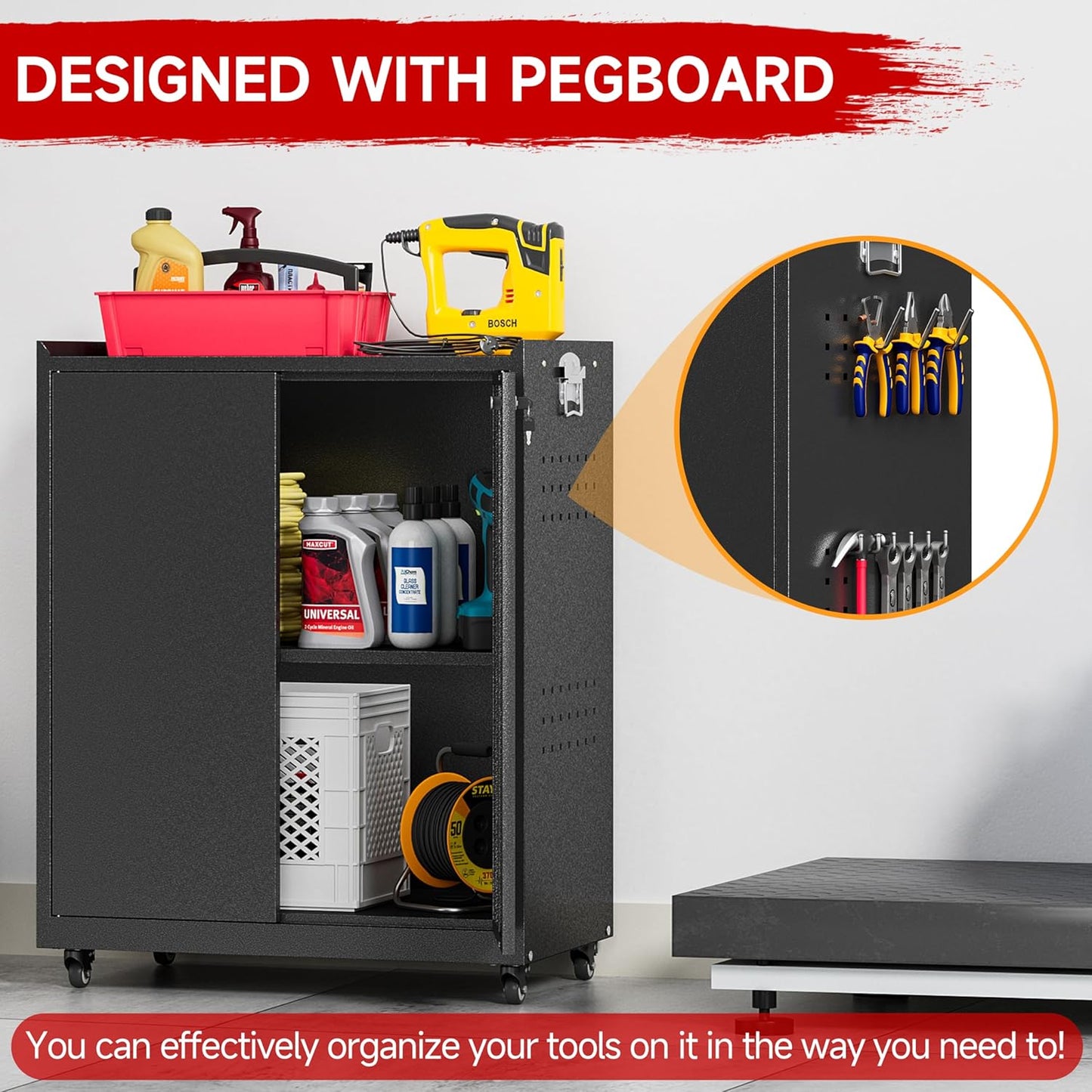 Bestoo Metal Garage Storage Cabinet with Wheels, 31.5" H Tool Locker with Pegboard and Adjustable Shelves, Rolling Storage Cabinet for Garage, Home, Office, Warehouse (Black)