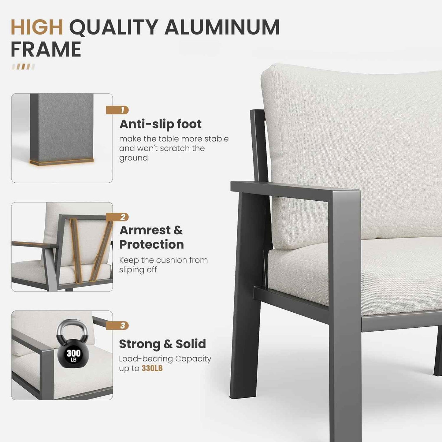 Aluminum Patio Furniture Sets Metal Outdoor Furniture Set with Cushion All-Weather Sectional Sofa with Coffee Table for for Backyard, Garden and Poolside Easy Assembly(Beige)