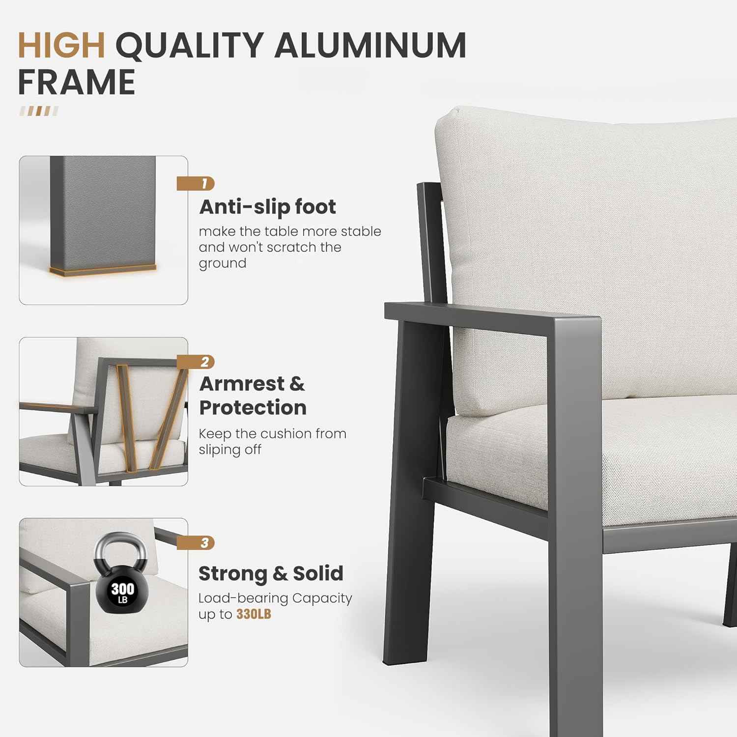 Aluminum Patio Furniture Sets Metal Outdoor Furniture Set with Cushion All-Weather Sectional Sofa with Coffee Table for for Backyard, Garden and Poolside Easy Assembly(Beige)