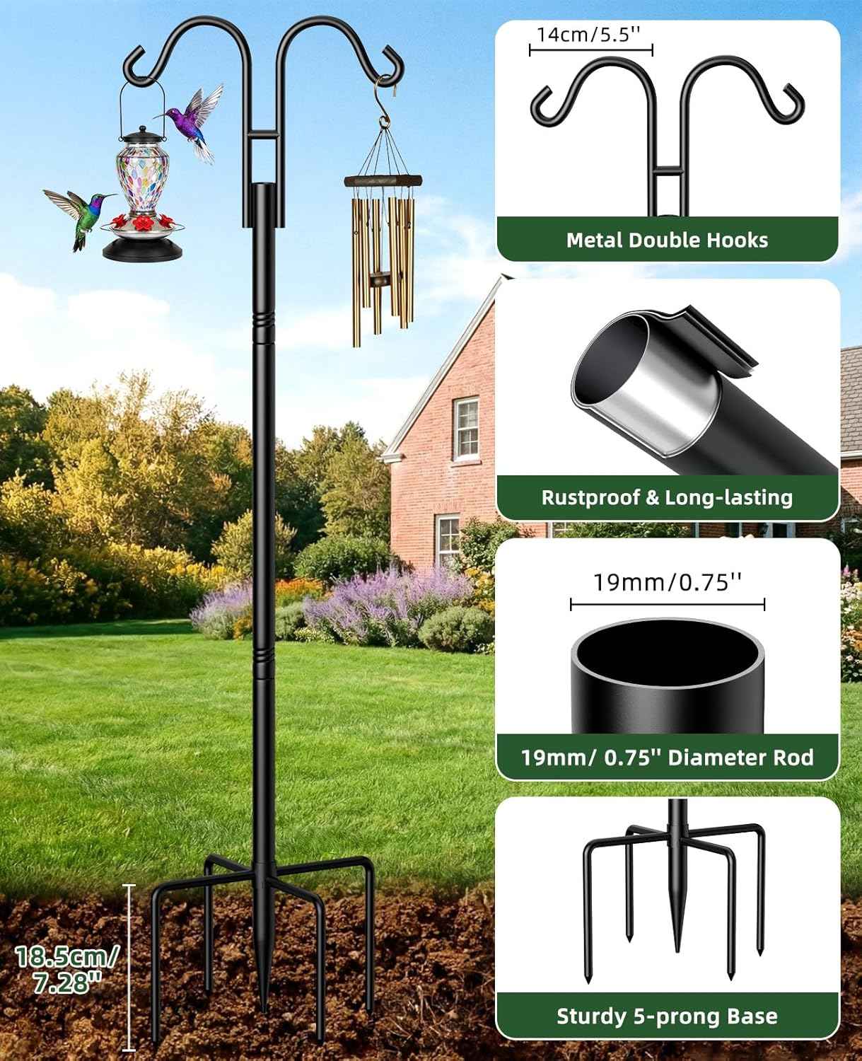 Double Shepherds Hooks, 76 Inch Bird Feeder Pole with 5-Prong Base, 3/4 Inch Thick Heavy Duty Adjustable Garden Hooks for Hanging Plants, Hummingbird Feeder, Solar Lights, Lantern Outdoor Garden Decor