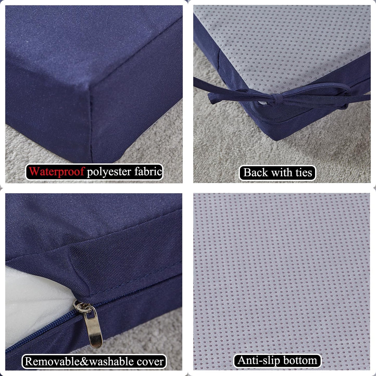 17 x 17 Inch Outdoor Seat Cushions for Patio Furniture with Non Slip and Ties Waterproof & UV Resistant Round Corner Outdoor Chair Cushions Replacement Set of 2, Navy Blue