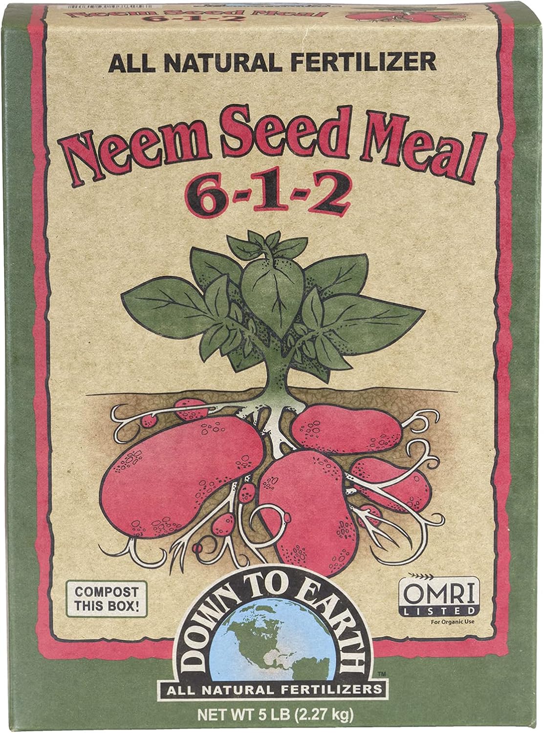 Down To Earth All Natural Fertilizers Organic Neem Seed Meal, Plant Food for Vegetable Gardens and Raised Beds 6-1-2, 5 lb