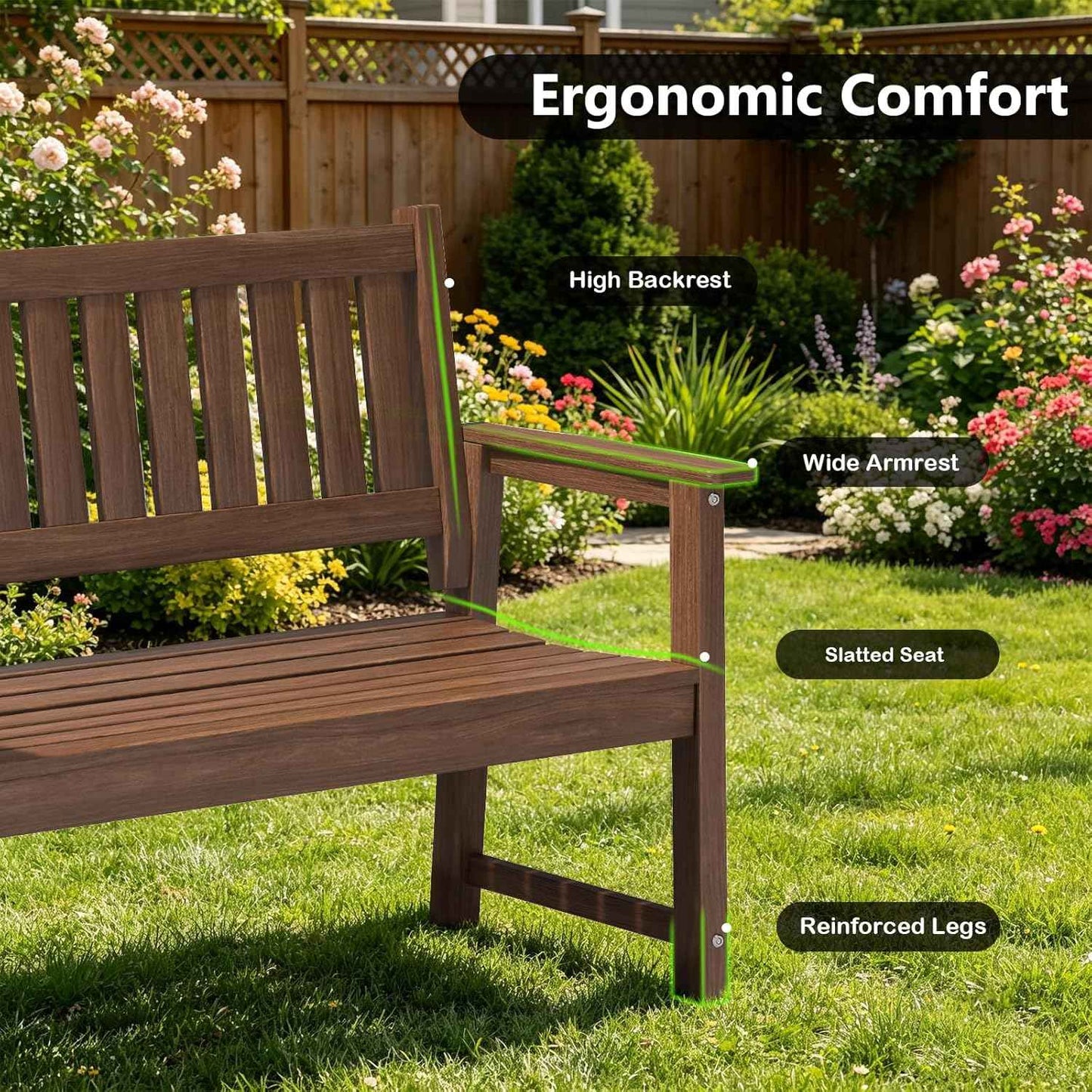 Outdoor Bench, 2-Person Garden Bench, Poly Lumber Patio Bench for Outdoors, Porch, and Park (Brown)