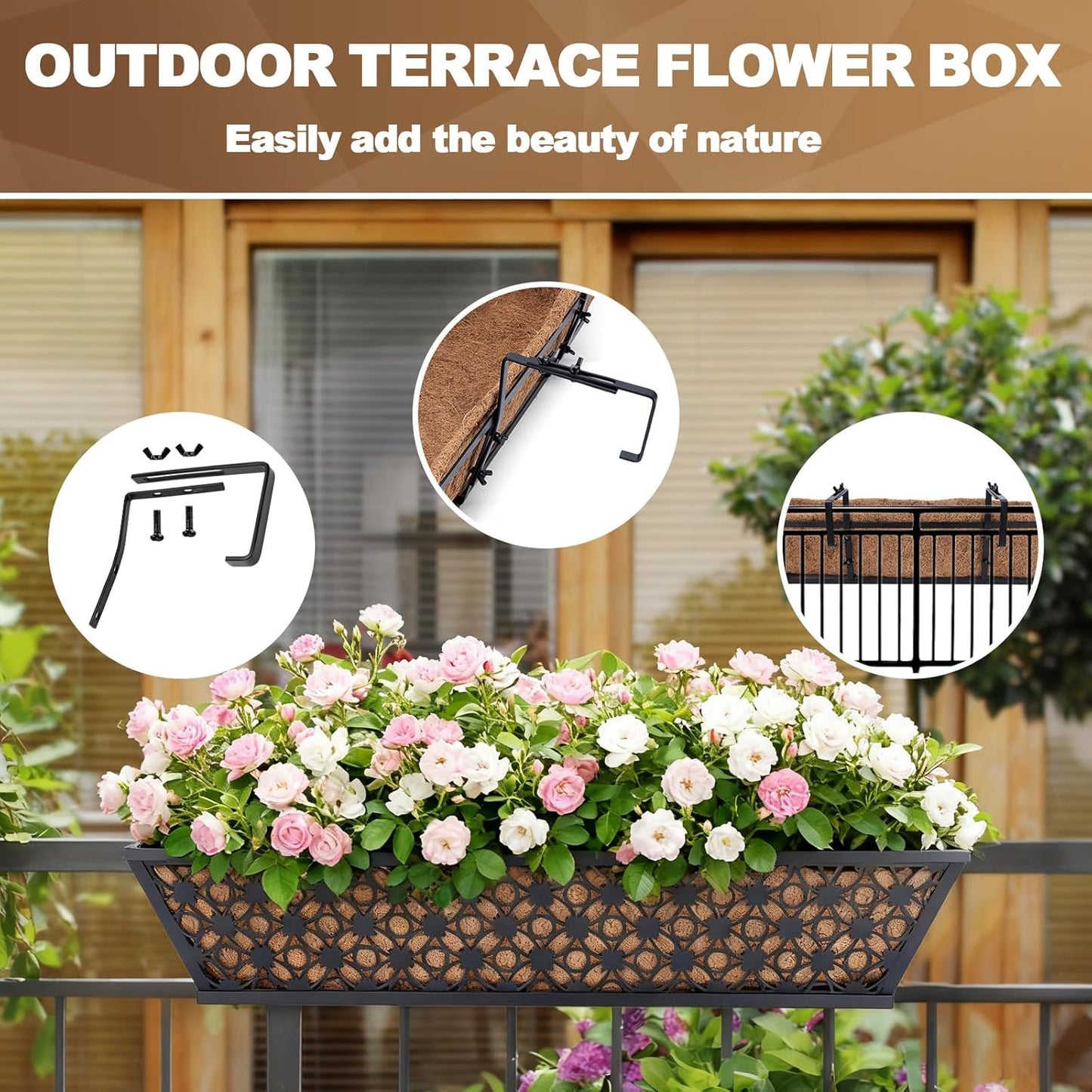 24 Inch Window Box Planters Outdoor,Deck Railing Planter Boxes with Coco Liner,Metal Hanging Window Flower Boxes for Balcony Fence Porch Garden Railing