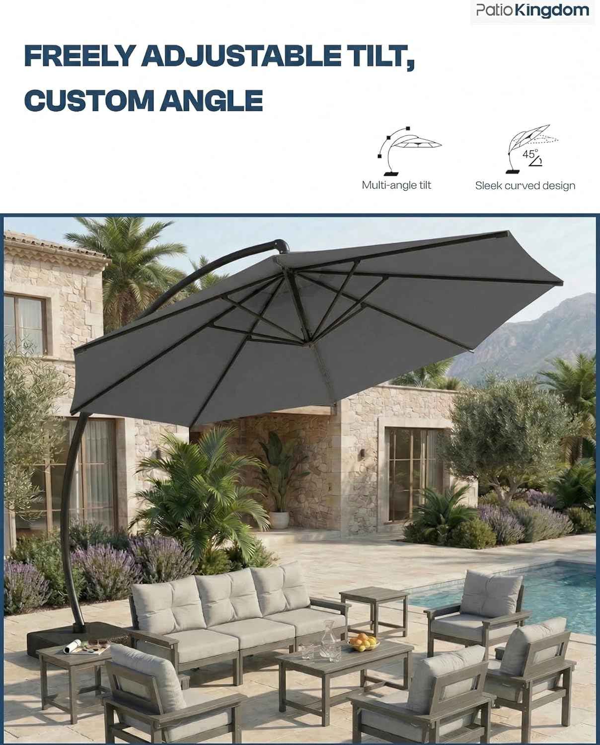 11 FT Cantilever Umbrella with Base Included, Large Round 360° Rotation Offset Umbrella Outdoor Patio, Heavy Duty Aluminum Frame, Sand-Weighted Stand, for Deck, Backyard, Pool, Garden (Grey)