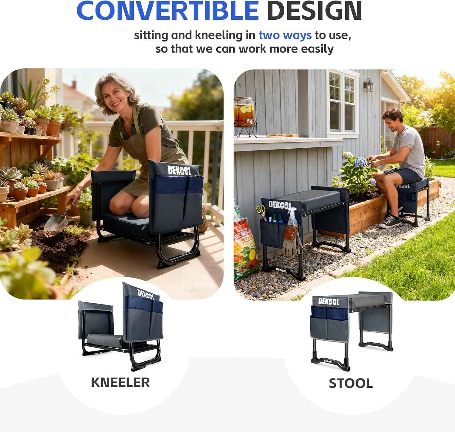 Garden Kneeler and Seat with Upgraded Wide & 3" Thick Kneeling Pad, Heavy Duty Garden Stool with 2 Large Tool Bags, Portable Bench for Weeding, Gardening Gifts for Women, Men, Seniors, Grey