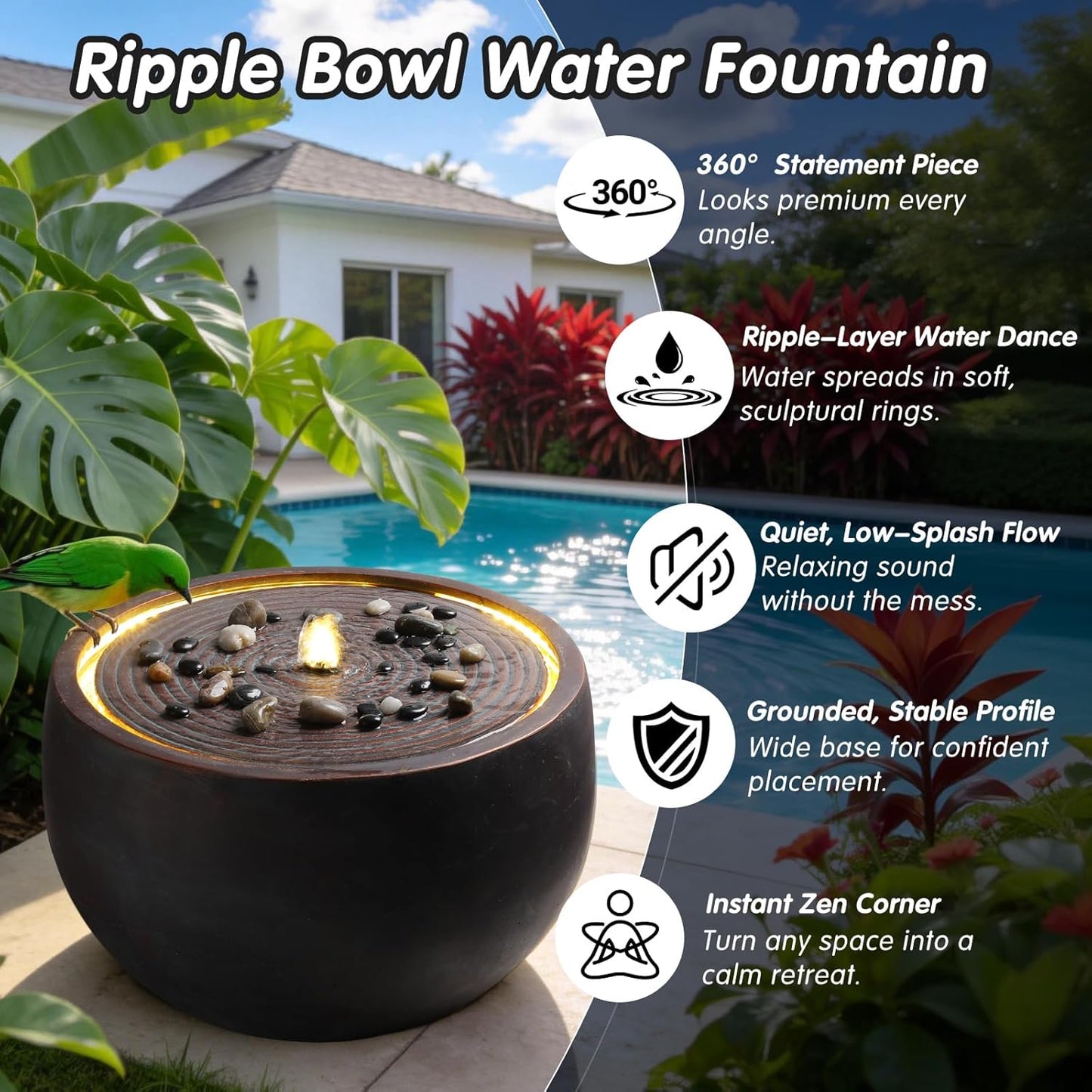 Outdoor Water Fountain with LED Lights, 12.2" Tall Round Bowl Cascading Fountain for Patio Garden Yard Porch Backyard, Resin Outdoor Water Feature Decor