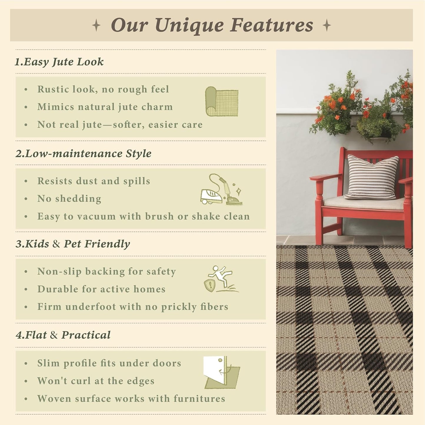 Neutral Easy Jute Rug 9x12 for Living Room, Large Indoor Outdoor Natural Color Farmhouse Area Rugs for Patio, Backyard and Dining Room, Plaid Woven Design, Non Shed, Washable Outside Carpet