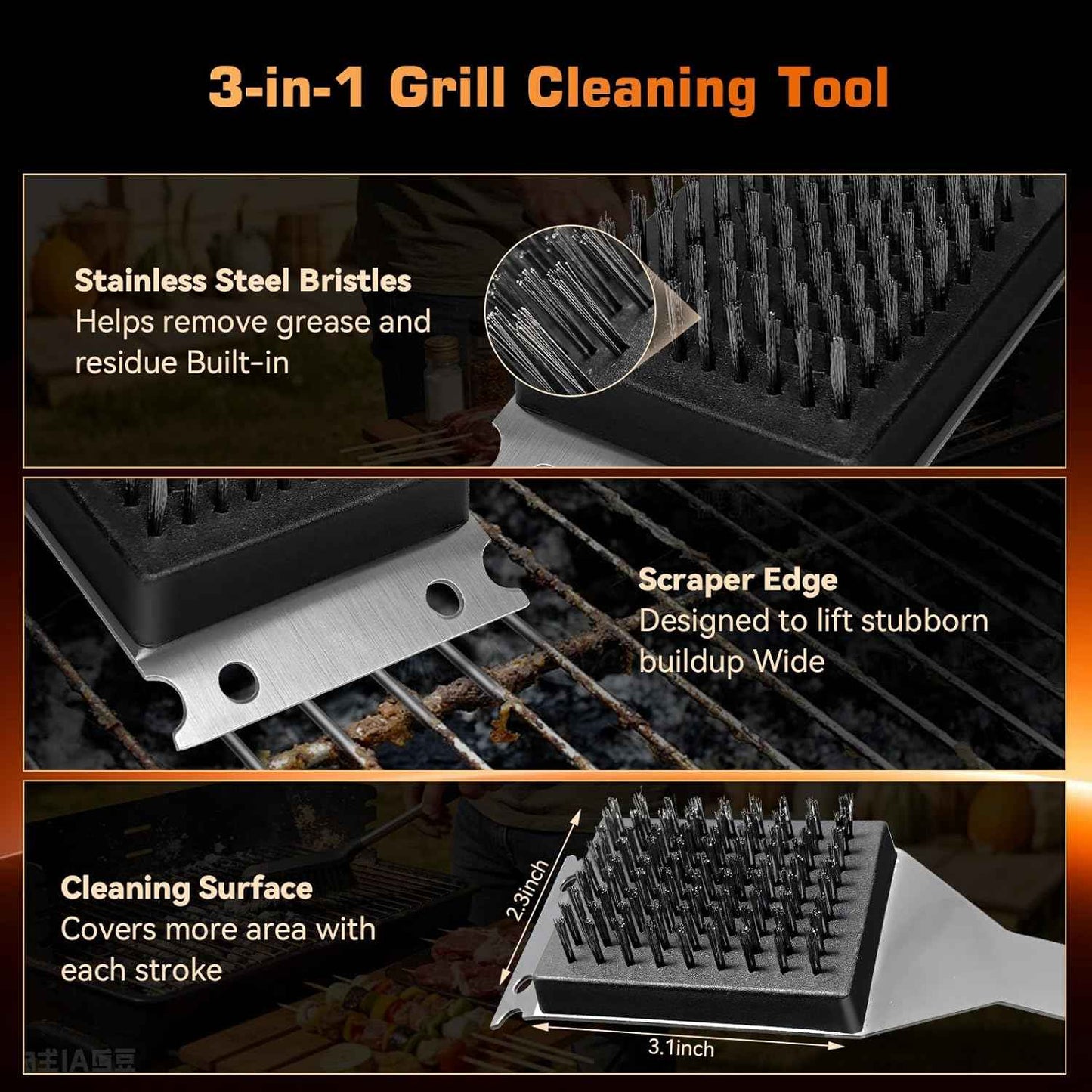 BBQ Grill Brush and Scraper, Heavy Duty Grill Cleaner with Stainless Steel Handle, Replacement Brush Head Included, Grill Cleaning Brush for Gas, Charcoal & Smoker Grill Grates （15 inch）
