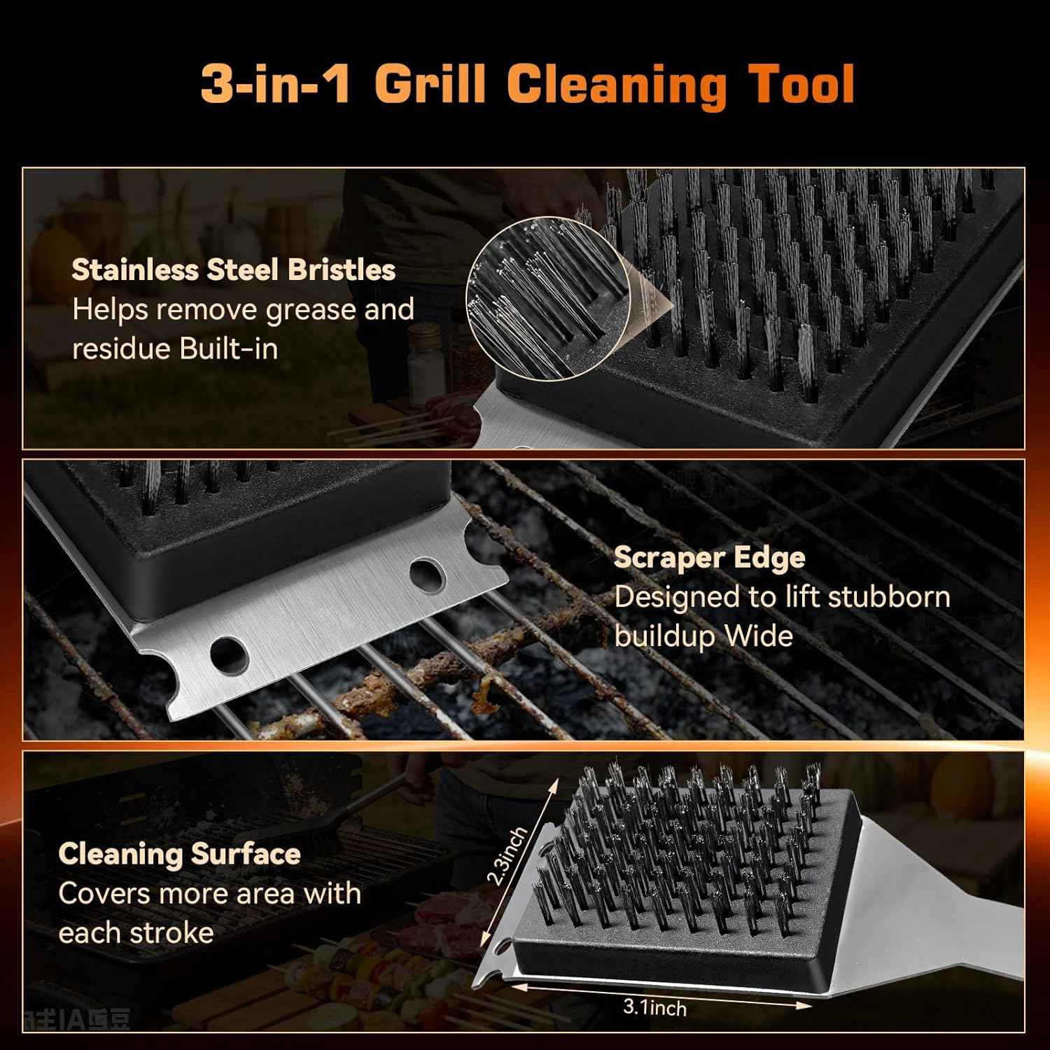 BBQ Grill Brush and Scraper, Heavy Duty Grill Cleaner with Stainless Steel Handle, Replacement Brush Head Included, Grill Cleaning Brush for Gas, Charcoal & Smoker Grill Grates （15 inch）