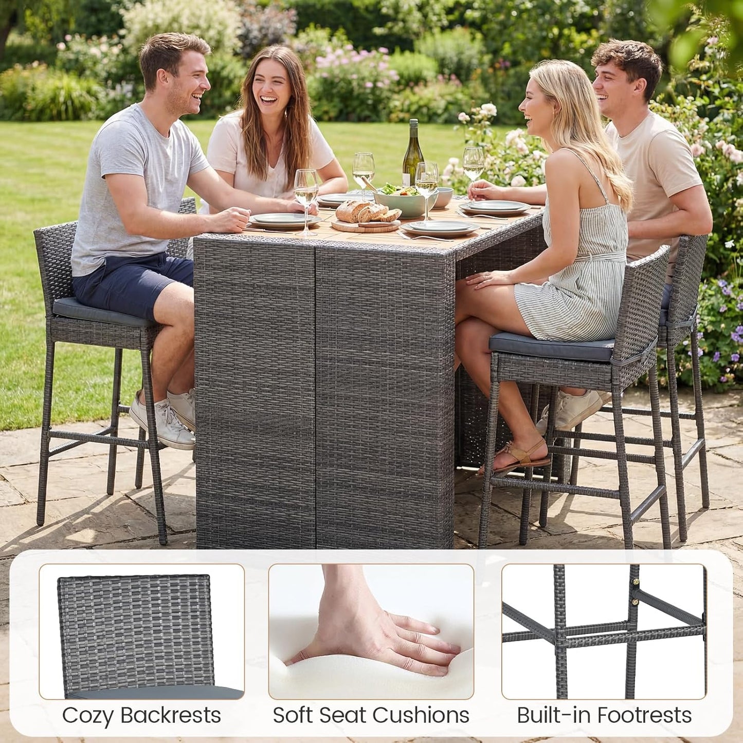Tangkula 5 Piece Wicker Outdoor Bar Set, Patiojoy Acacia Wood Patio Table and Chairs Set with Bar Height Table & 4 Rattan Bar Stool, Backrest and Footrest for Pool Backyard Deck