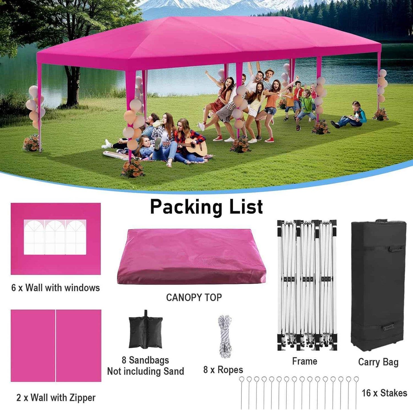 10x30 Pink Pop Up Tent with 8 Sidewalls, Heavy Duty Outdoor Canopy Waterproof Canopy Event Tents for Parties Party Wedding BBQ Events, 8 pcs Weight Bag,Carry Bag