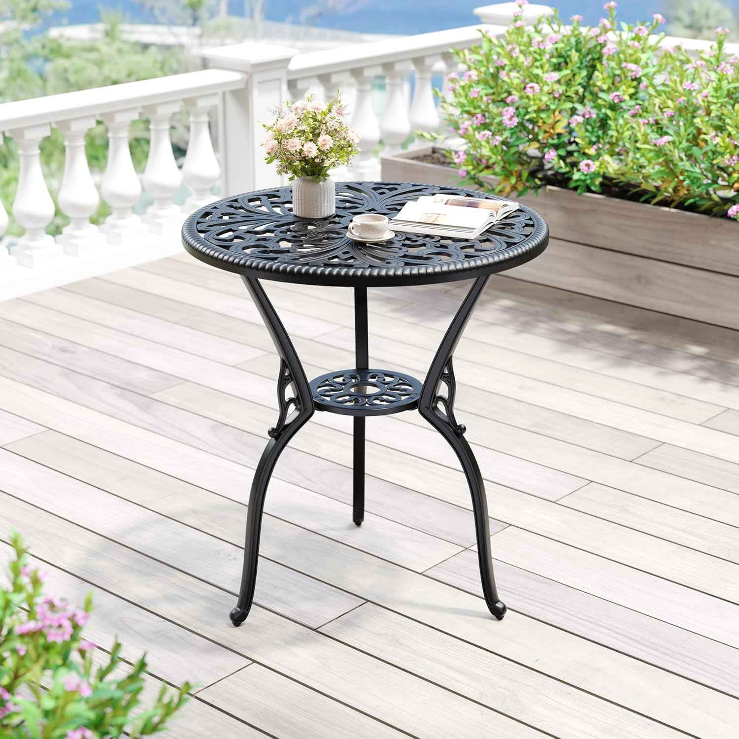 23" Round Cast Aluminum Patio Bistro Table, Outdoor Coffee Bistro Side Table with Umbrella Hole, Antique Design Dining Desk for Backyard, Garden, Porch, Pool, Balcony, Black