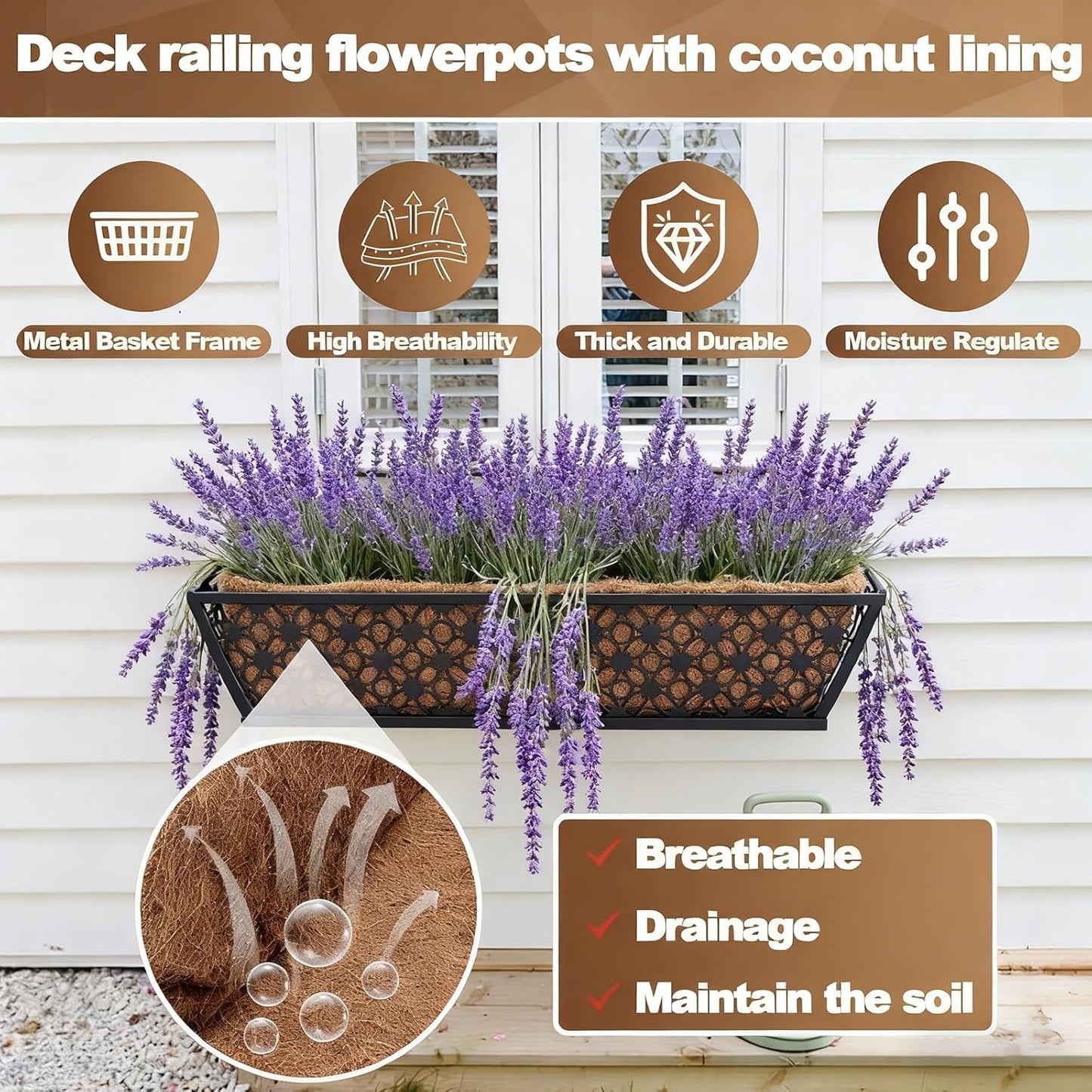 24 Inch Window Box Planters Outdoor,Deck Railing Planter Boxes with Coco Liner,Metal Hanging Window Flower Boxes for Balcony Fence Porch Garden Railing