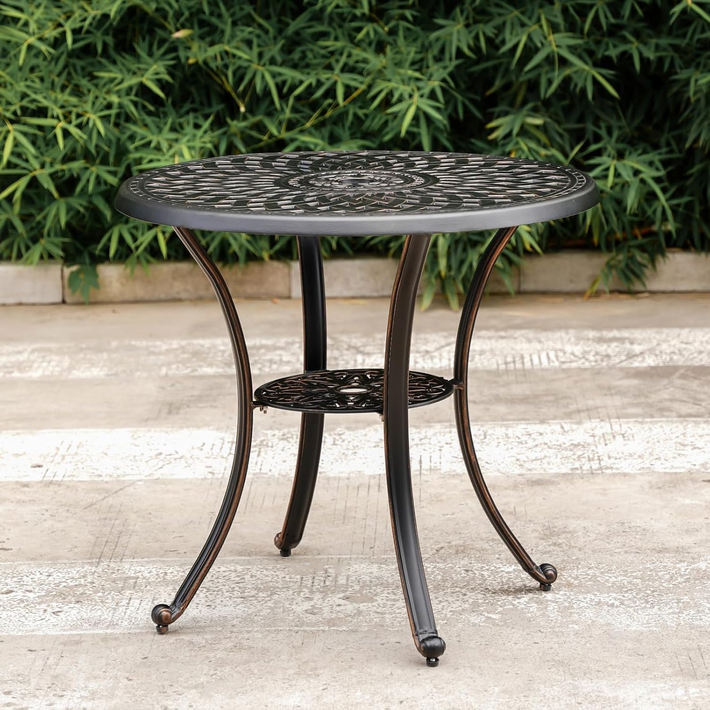 Outdoor Table Round Bistro Dining Table With Umbrella Hole for Lawn Garden, All Weather Metal Black Patio Table (31.5", Round), Bronze