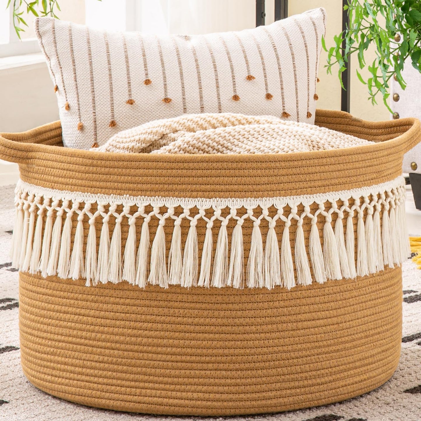 KAKAMAY Large Blanket Basket (20"x13"),Woven Baskets for storage Baby Laundry Hamper, Cotton Rope Blanket Basket for Living Room, Laundry, Nursery, Pillows, Baby Toy chest (Brown Fringe)