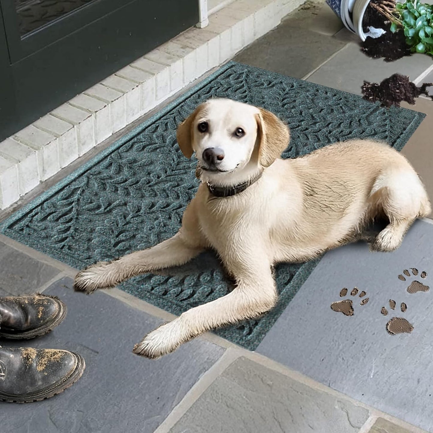 WaterHog Indoor/Outdoor Use Door Mat, 2' x 3', Made in USA, Welcome Mat for Front Door, Durable, Water-Trapping Floor Rug, Decorative, Skid-Resistant Entryway, Boxwood Collection, Bluestone
