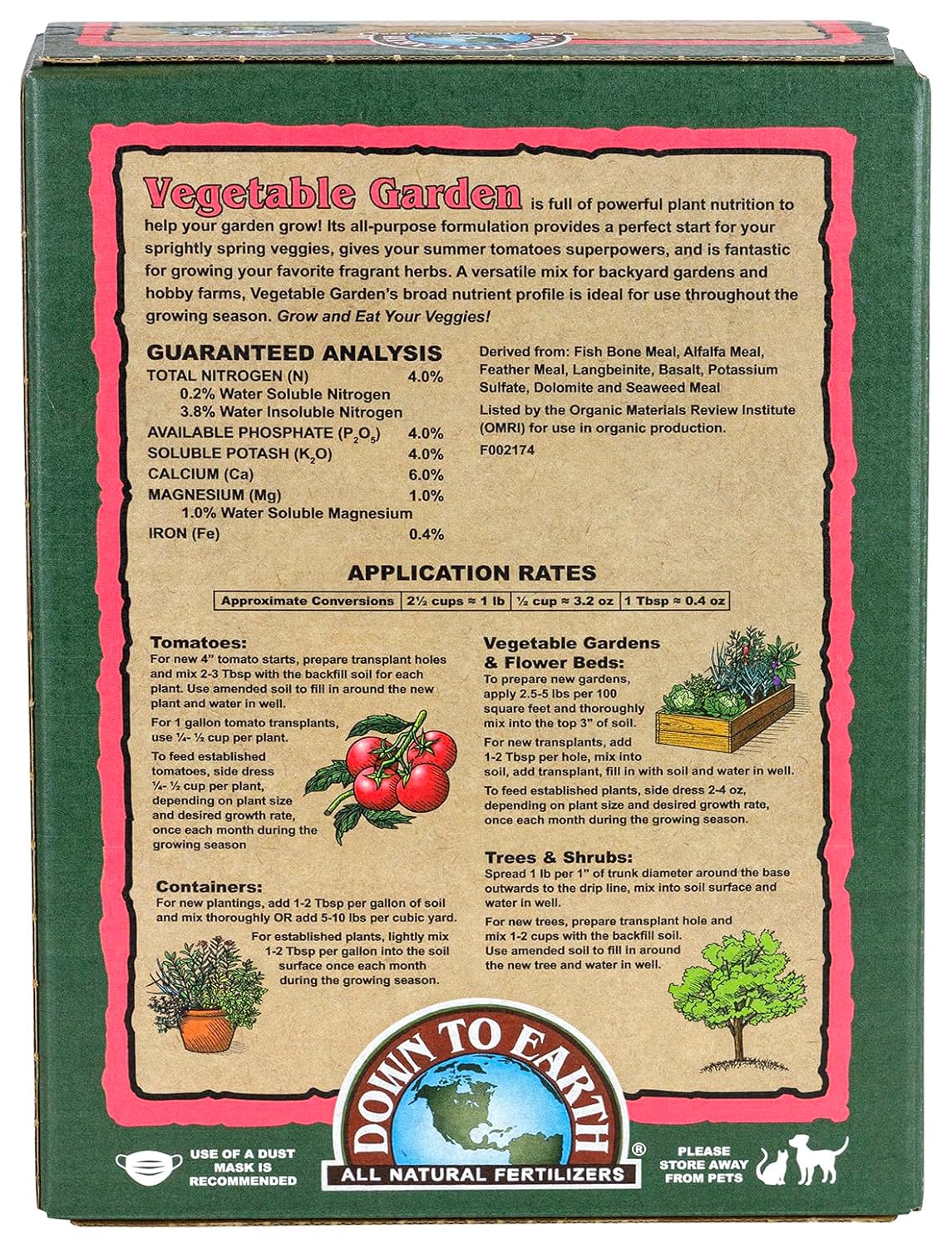 Down To Earth All Natural Fertilizers Organic Vegetable Garden - Plant Food for Vegetables, Herbs, Greens and Raised Beds 4-4-4, 5 lb