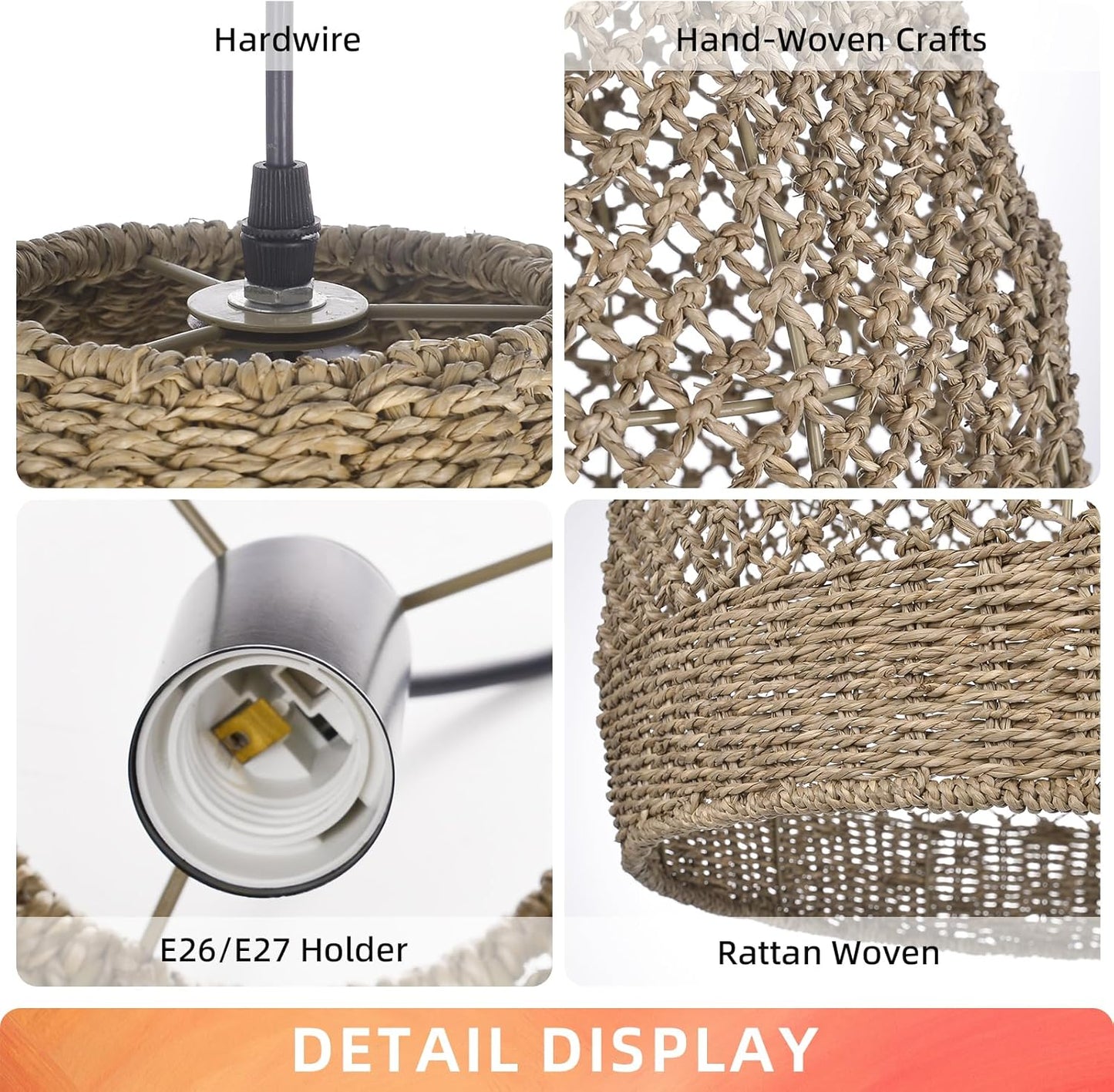 Arturesthome Boho Chandelier, Rustic Rattan Basket Woven Pendant Light Coastal Light Fixture, Farmhouse Wicker Hanging Lighting for Dining Table Kitchen Island Bedroom D17.7in