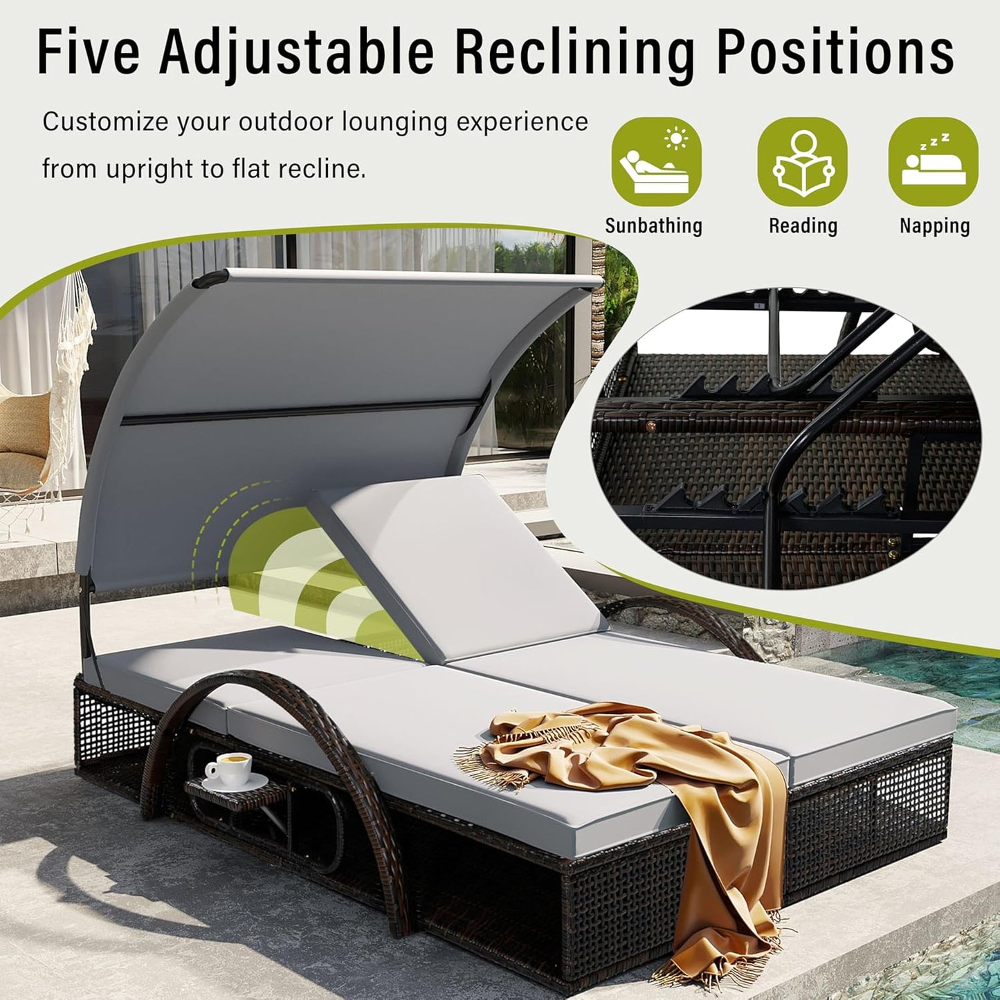 Mirightone 2-Person Outdoor Chaise Lounge Daybed with Canopy, Steel Frame Patio Sunbed with Adjustable Backrest, Hidden Side Table and Arched Armrests, for Poolside, Deck, Garden, Gray