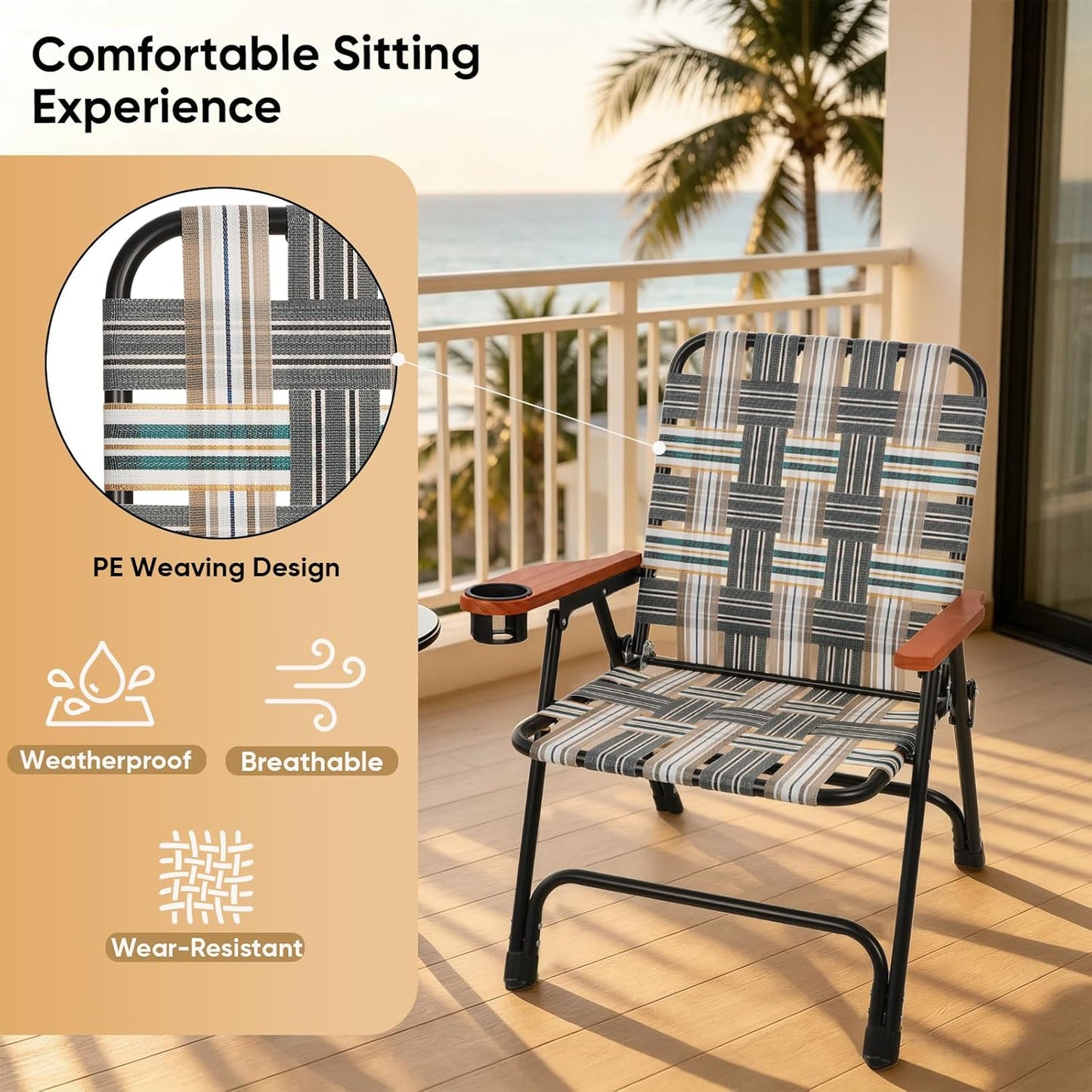 Folding Lawn Chair, Portable Camping Chair with Steel Frame, Woven Fabric and Wooden Armrests, Webbed Patio Dinning Chair for Yard Camping Poolside Beach