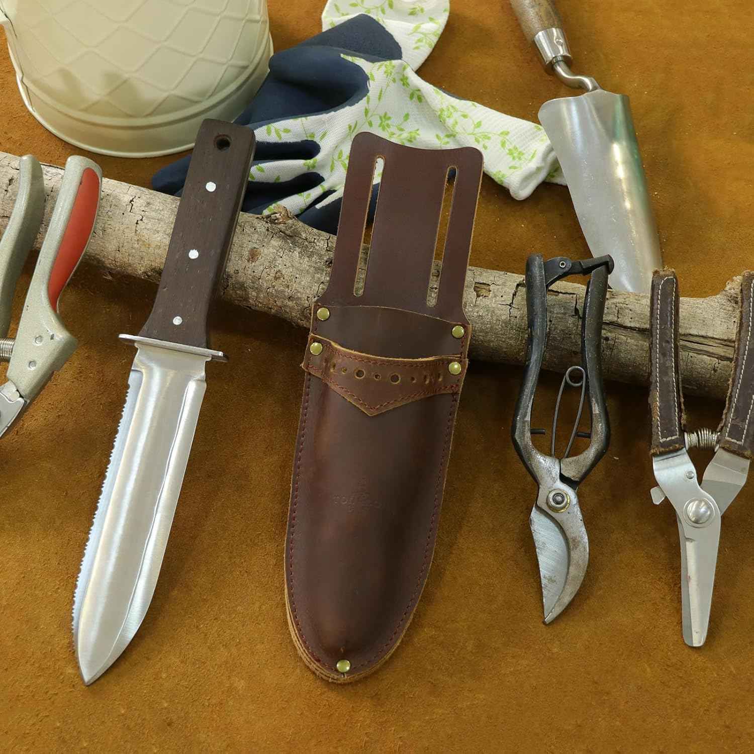 Tourbon Leather Garden Pruning Shears Folding Saw Double Holster Gardening Soil Knife Sheath Pouch Multipurpose Tool Holder for Belt, Brown