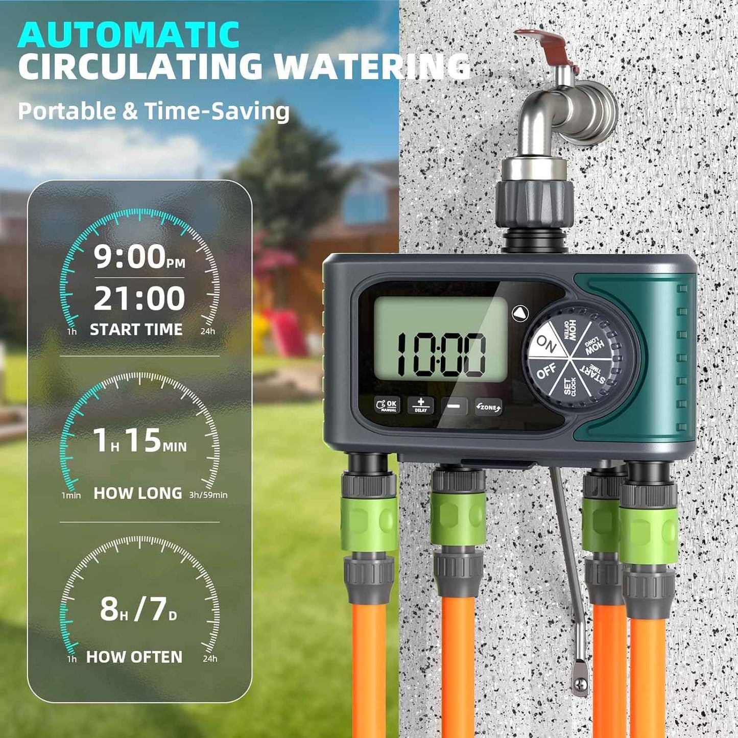 Sprinkler Timer for Outdoor Hose Faucet 4 Zone, Programmable Hose Timer with Rain Delay/Manual/Automatic Watering System, Water Timers for Garden Hose, Digital Drip Irrigation for Yard Lawn Outdoor