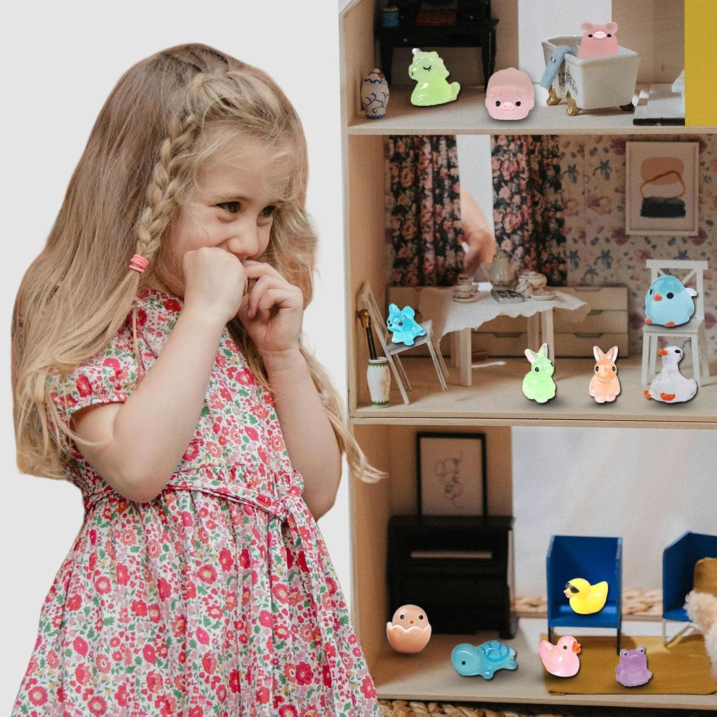 50 Pcs Luminous Mini Resin Animals, Glow in The Dark Tiny Ducks, Frogs, Birds, Cute Dollhouse Miniatures for Crafts, Fairy Garden and Home Décor