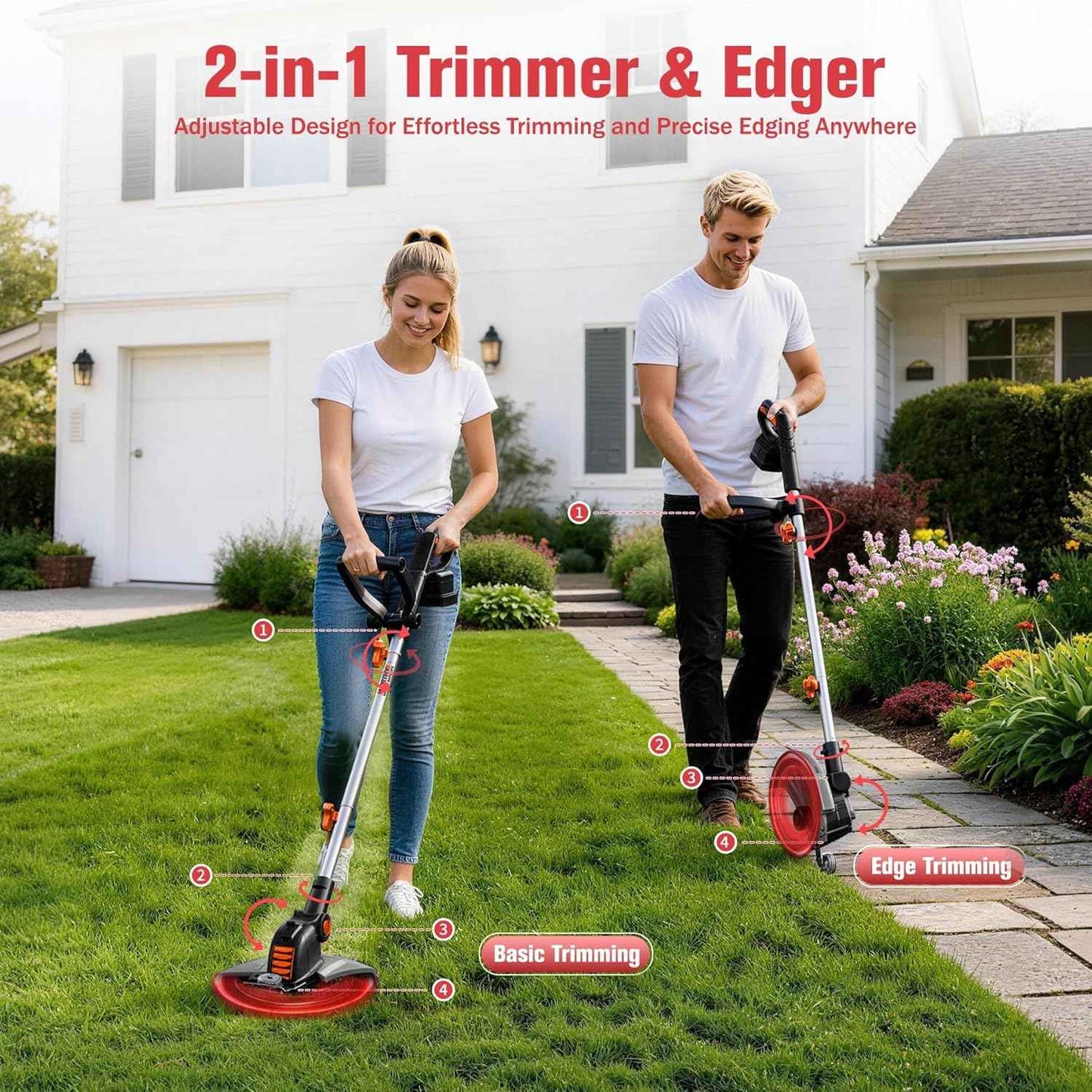 Electric Weed Wacker String Trimmer:2 x 4.0Ah Batteries Cordless Weed Eater 21V Battery Powered with 12" Cutting Width, Eco Friendly Grass Cutter Edger Lawn Tool with Fast Charger