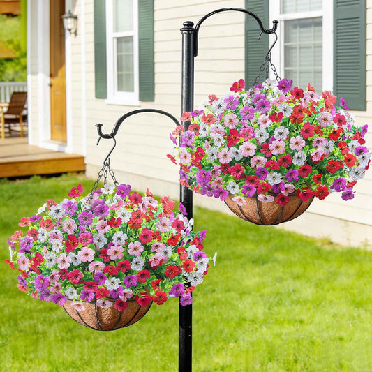 2 Pack Artfiticial Hanging Flowers Baskets for Outdoors, UV Resistant Faux Hanging Plants, 24 Pcs Fake Silk Flowers for Patio Garden Front Porch Balcony Decor (Mix 4 Colors)