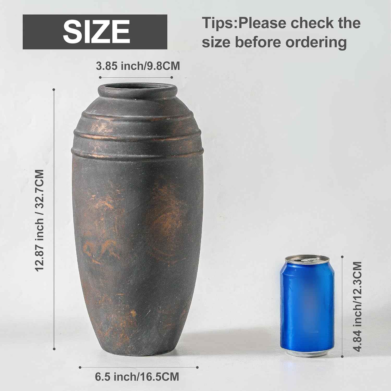 Large Ceramic Rustic Vase - 12.87 inch Tall Decorative Farmhouse Vase for Home Decor, Living Room, Shelf Decor, Enterway, Office, Table Decoration