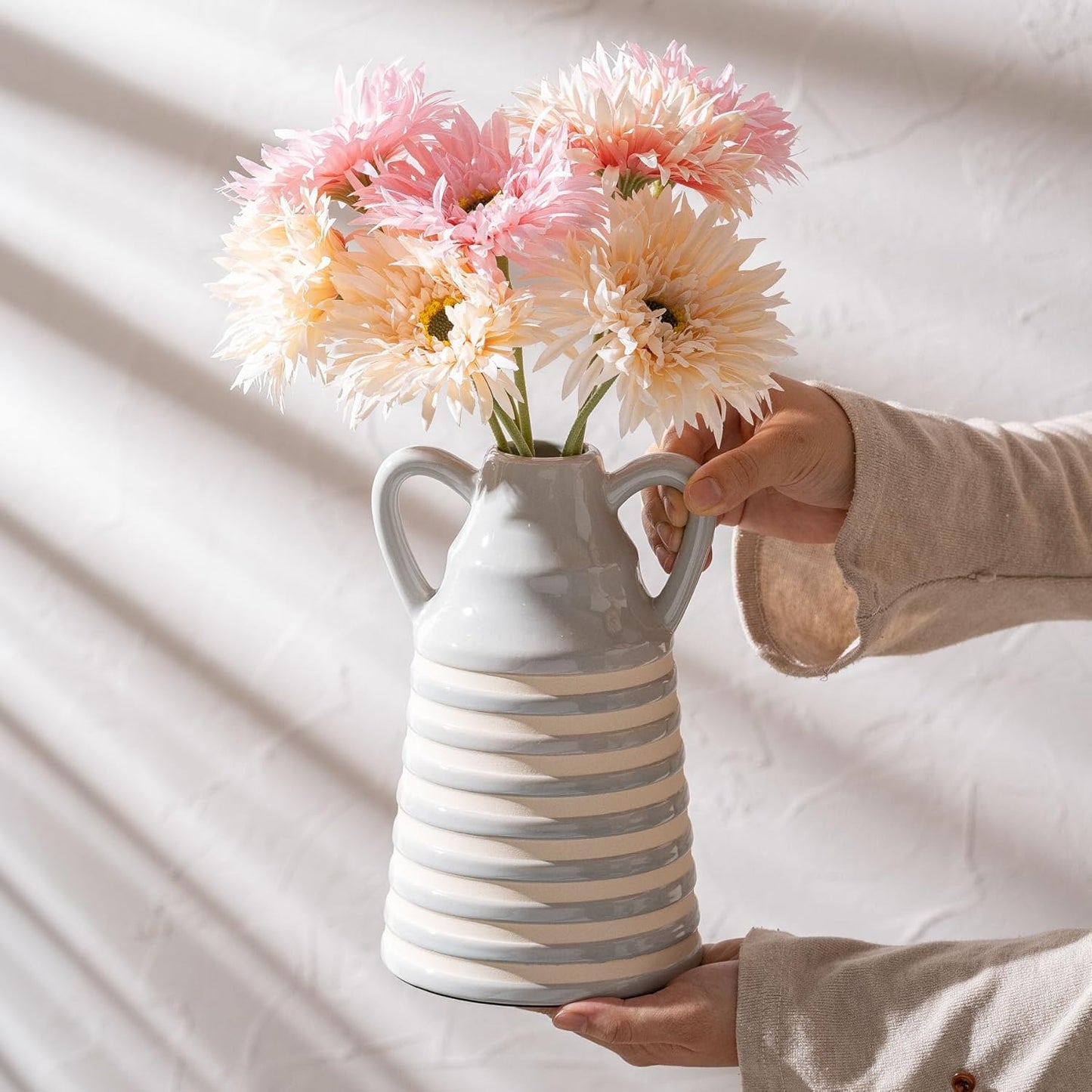 Ceramic Grey and White Checkered Stripes Vase with Handles, Hand-Painted Modern Bohemian Floral Vases Home Decor, Cottage Core Decor, Flower Vases for Bouquet Tabletop Bedroom Office Bookshelf 8.9 in
