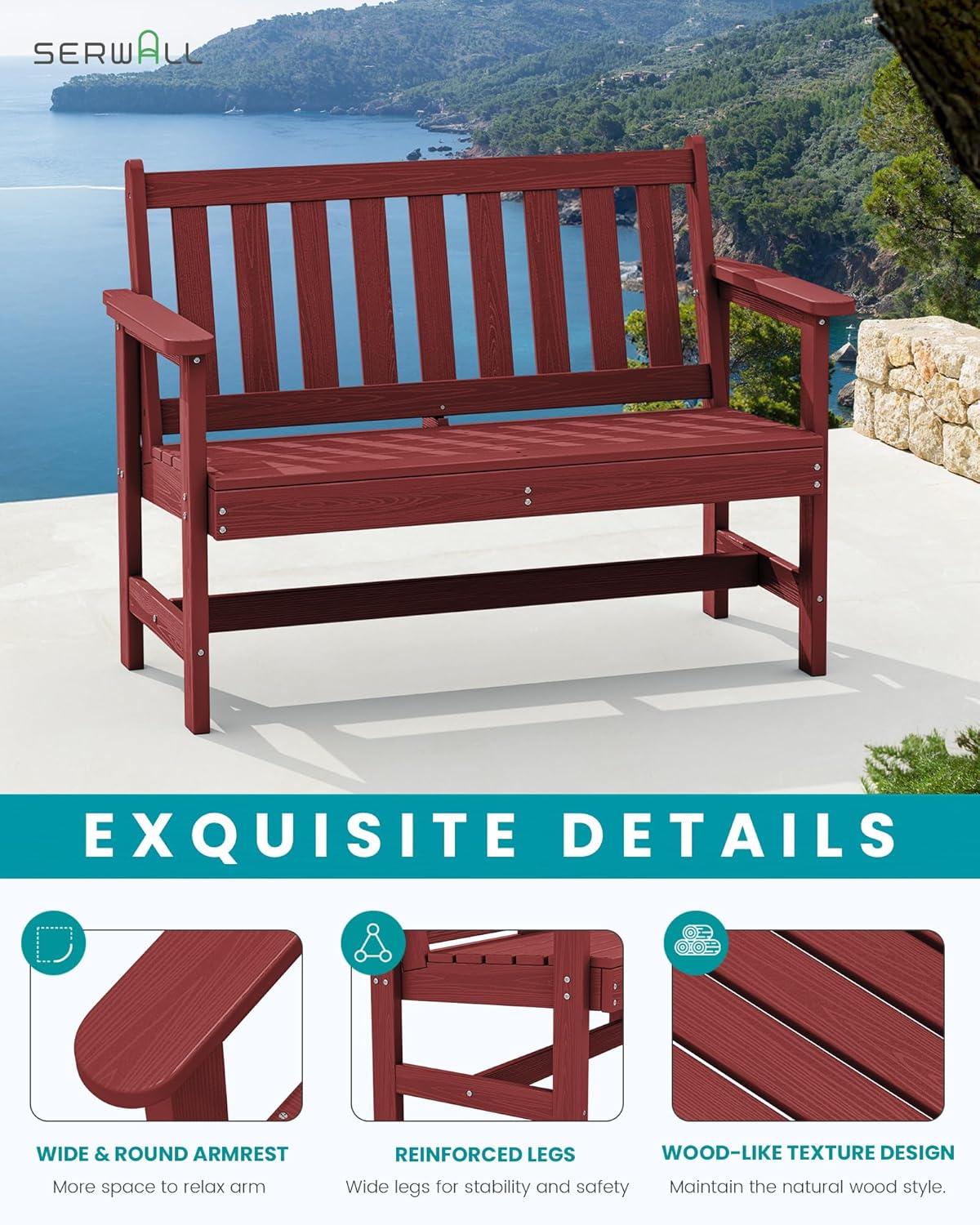 SERWALL Outdoor Bench, HDPE Outdoor Benches Weatherproof, 2-Person Garden Bench with 660 lbs Weight Capacity, Patio Benches for Outdoors, Garden, Porch, Backyard and Park, Red, 6 Pack