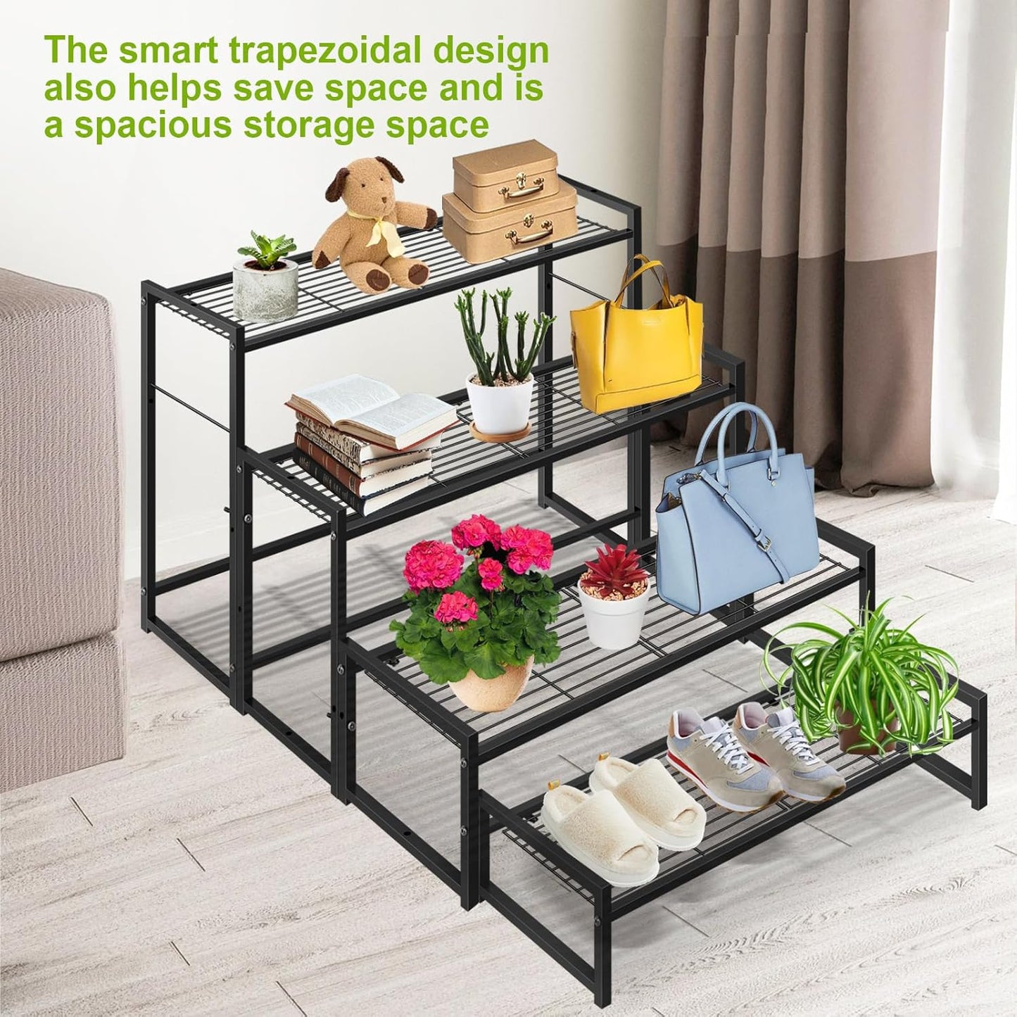4 Tier Metal Plant Stand Indoor Outdoor, Ladder Flower Pot Holder Plant Stands, Stackable Heavy Duty Tall Plant Shelf Flower Pot Holder for Garden, Display Rack