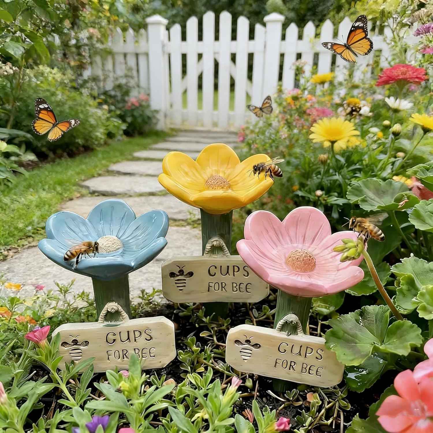 Bee Watering Station for Garden Insect Drinking Cups Flower-Shaped Bee Water for Bees Butterflies Bee Watering Station Feeder with Stake Base (5pcs Mix)